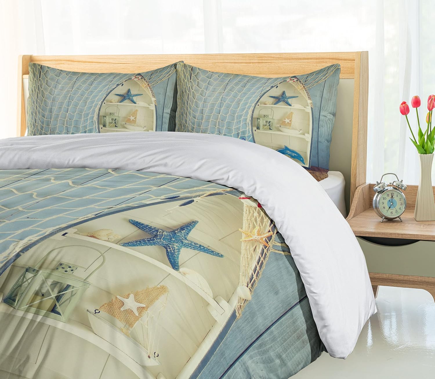 Ambesonne Nautical Duvet Cover Set, Nautical Boat Standing Against The Wall Other Aquatic Objects Sea Featured Picture, Decorative 2 Piece Bedding Set with 1 Pillow Sham, Twin Size, Blue Beige Twin Blue Beige