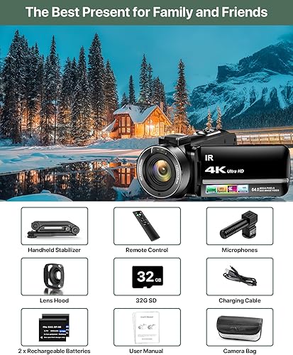 Miniatura 8 de Videocámara 4K 64MP para vlogging, cámara para YouTube, pantalla táctil de 3.0", zoom digital de 18 aumentos, visión nocturna IR con micrófono