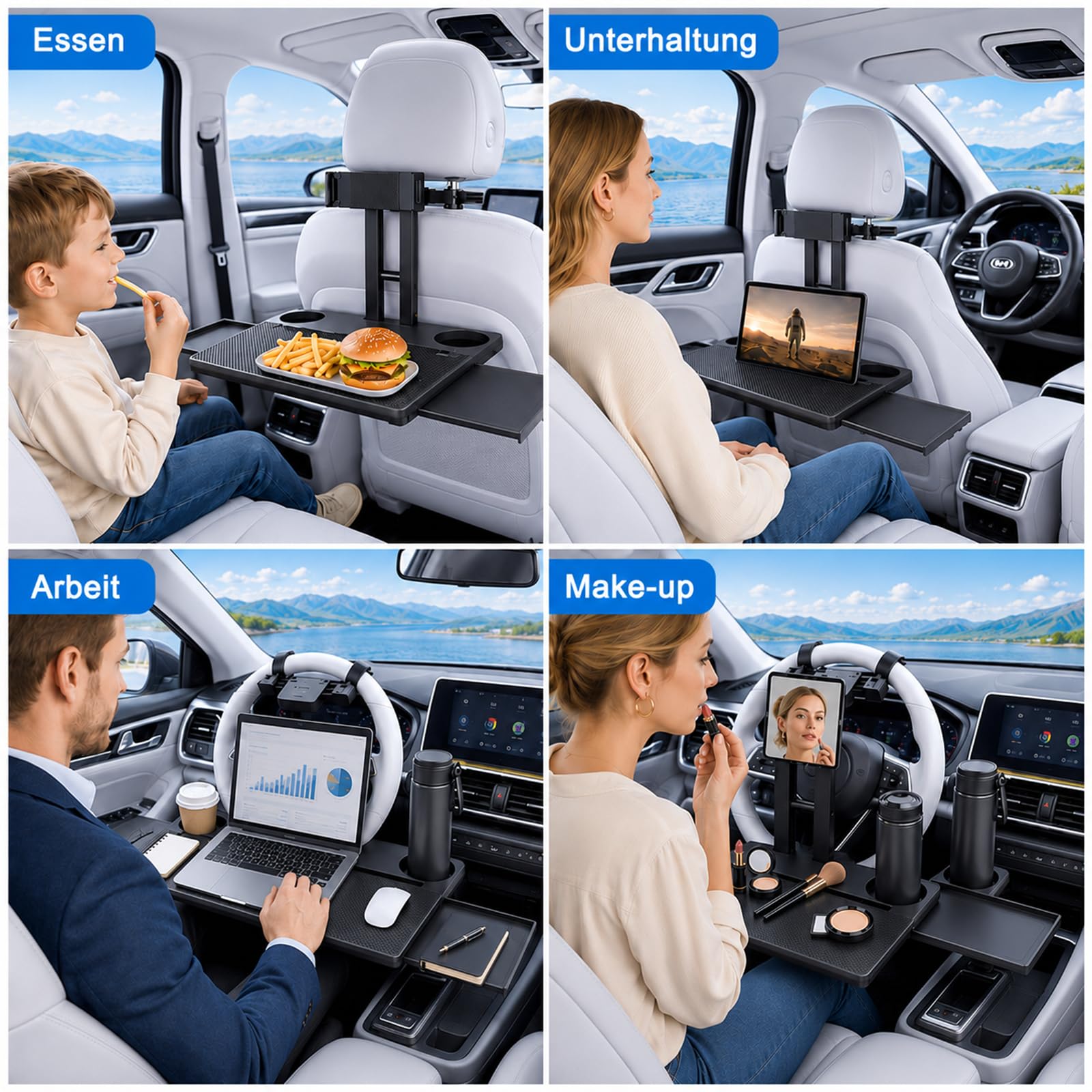 2 in 1 Auto Tisch für Beifahrer und Lenkrad | Klappbarer Auto Tisch für Rücksitz mit Getränkehalter und Handyhalter, Laptop-Schreibtisch für für Reisen, Arbeiten, Essen