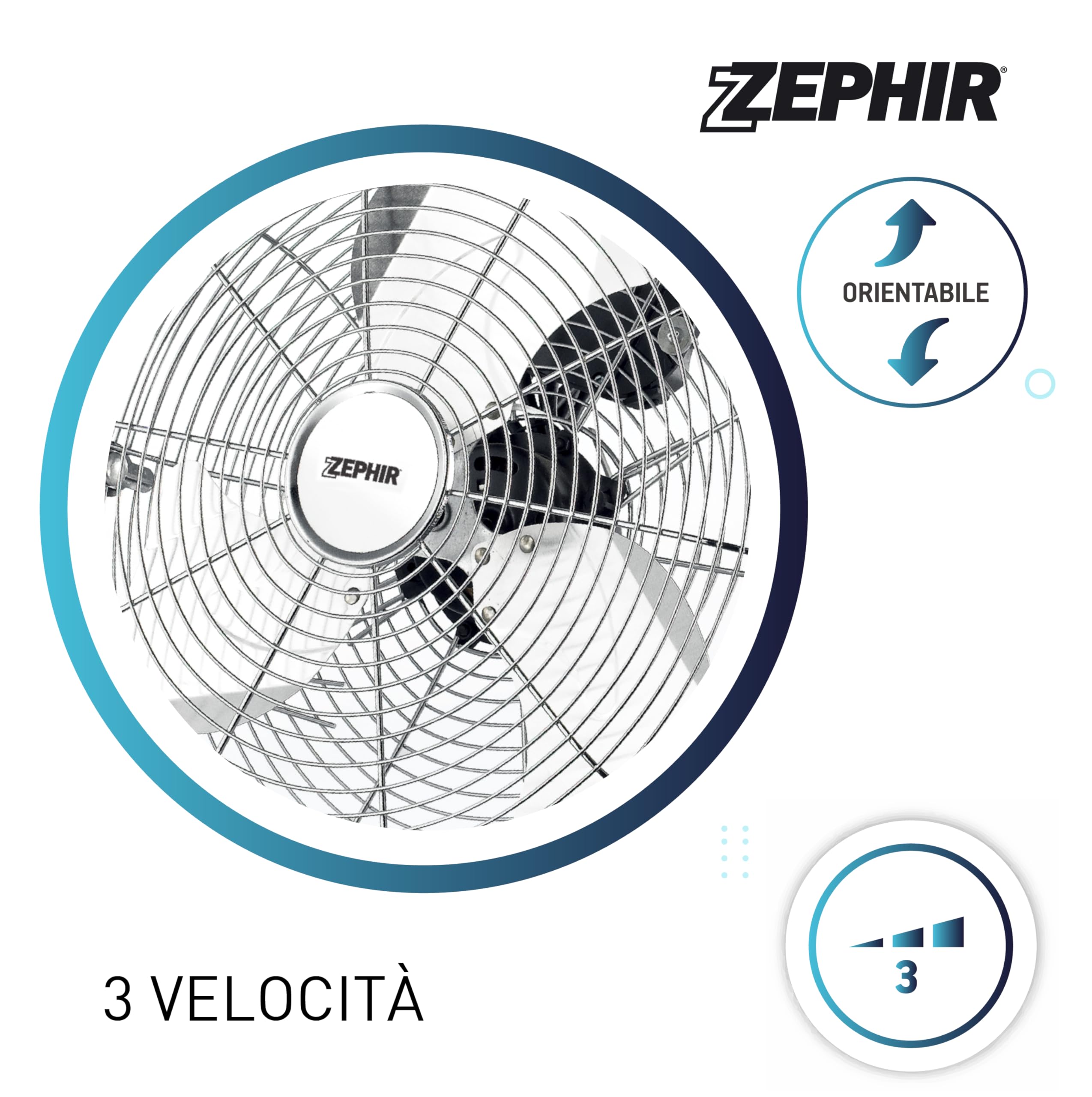 Zephir, Ventilatore Industriale da Pavimento, Alta Velocità, Acciaio Cromato, Pala 35cm, Inclinazione regolabile, Potenza 70W