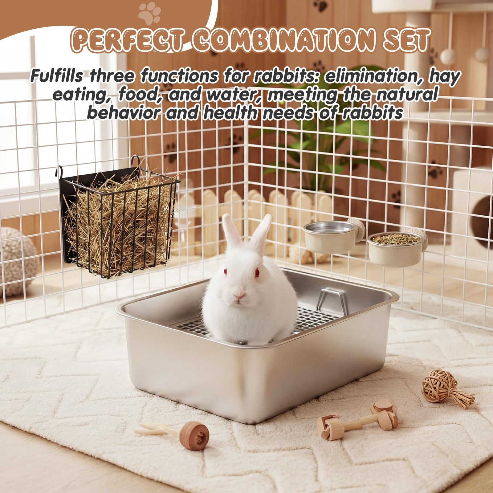 Maxcheck 5 Pcs 3 in 1 Large Stainless Steel Rabbit Litter Box with Raised Grid, High Back Bunny Litter Pan with 2 Pcs Pet Hanging Bowl and Hay Feeder for Rabbits Bunny Guinea Pigs - image 8