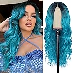 NAYOO Long Ombre Bluish Green Wavy Wig for Women 26 Inch Middle Part Lace Hairline Curly Wavy Wig Natural Looking Synthetic Heat Resistant Fiber Wig for Daily Party Use