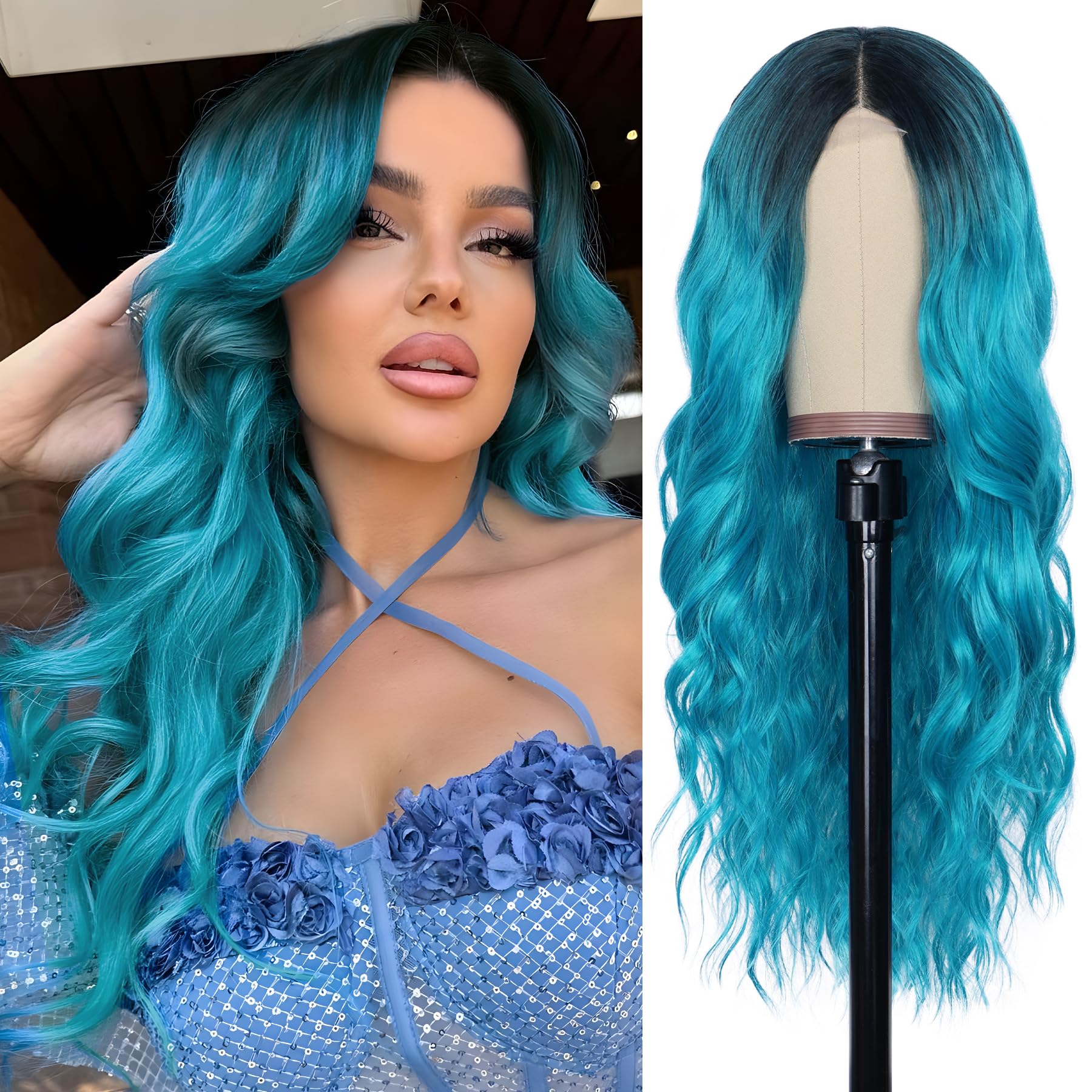 NAYOO Long Ombre Bluish Green Wavy Wig for Women 26 Inch Middle Part Lace Hairline Curly Wavy Wig Natural Looking Synthetic Heat Resistant Fiber Wig