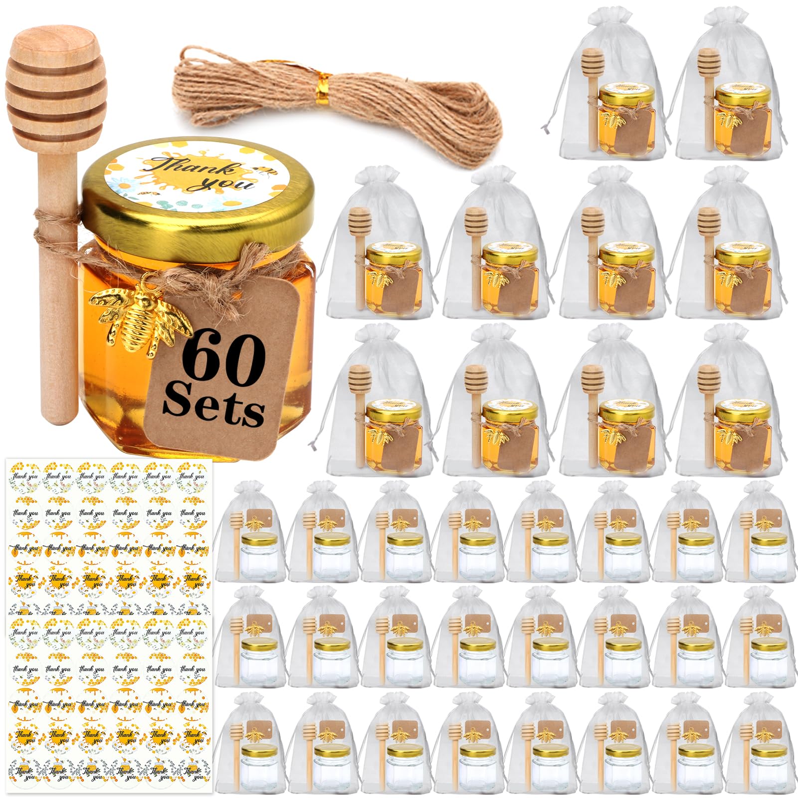 XING-RUIYANG 60 pack 1.5 oz Mini Honey Jars，baby shower favors,There's honey sticks, bee pendants, stickers and gold goodie bags，Suitable for wedding party gifts