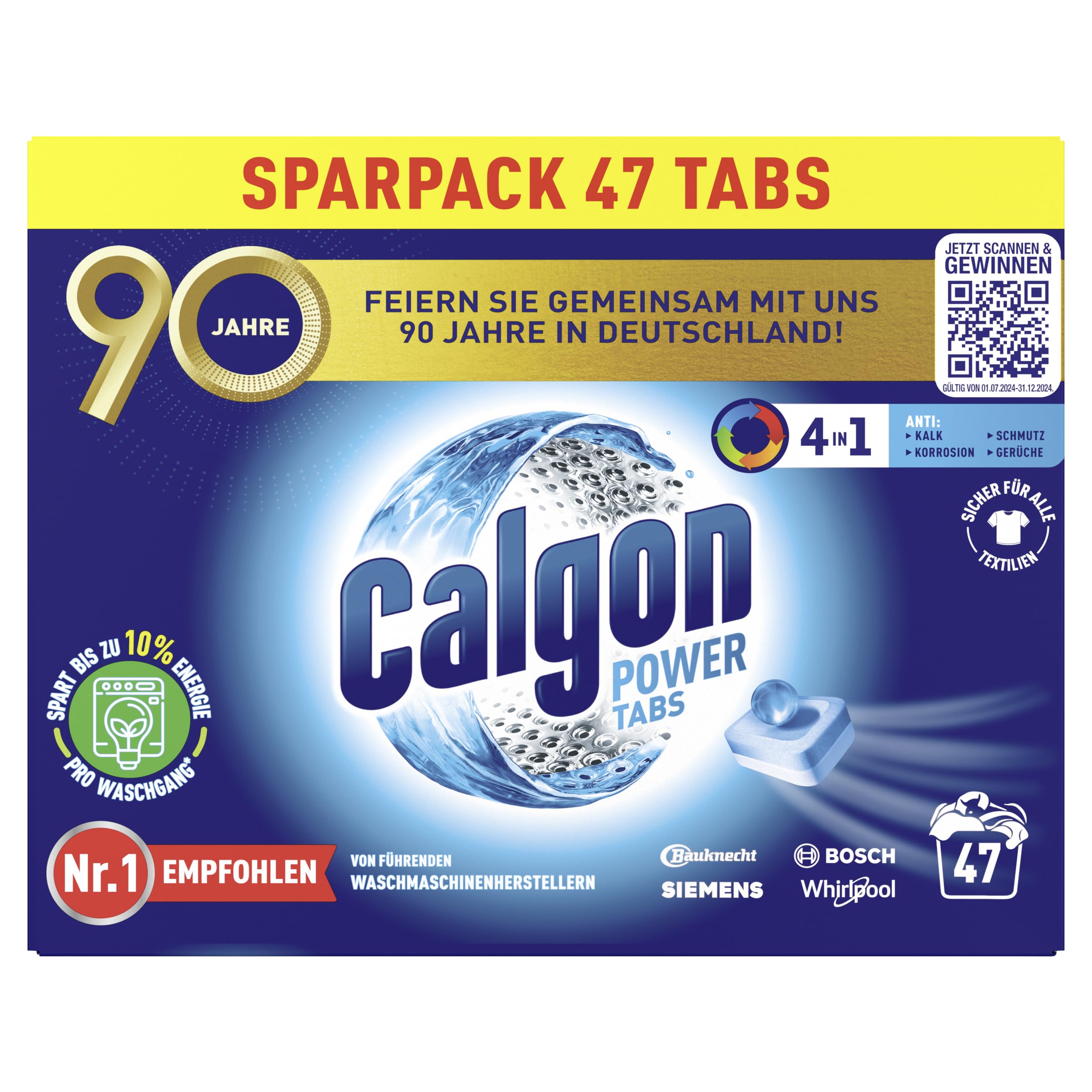 Calgon 4-in-1 Power Tabs – Waschmachinen-Entkalker gegen Geruch, Schmutz und Korrosion – Für eine saubere Waschmaschine – 1 x 47 Tabs
