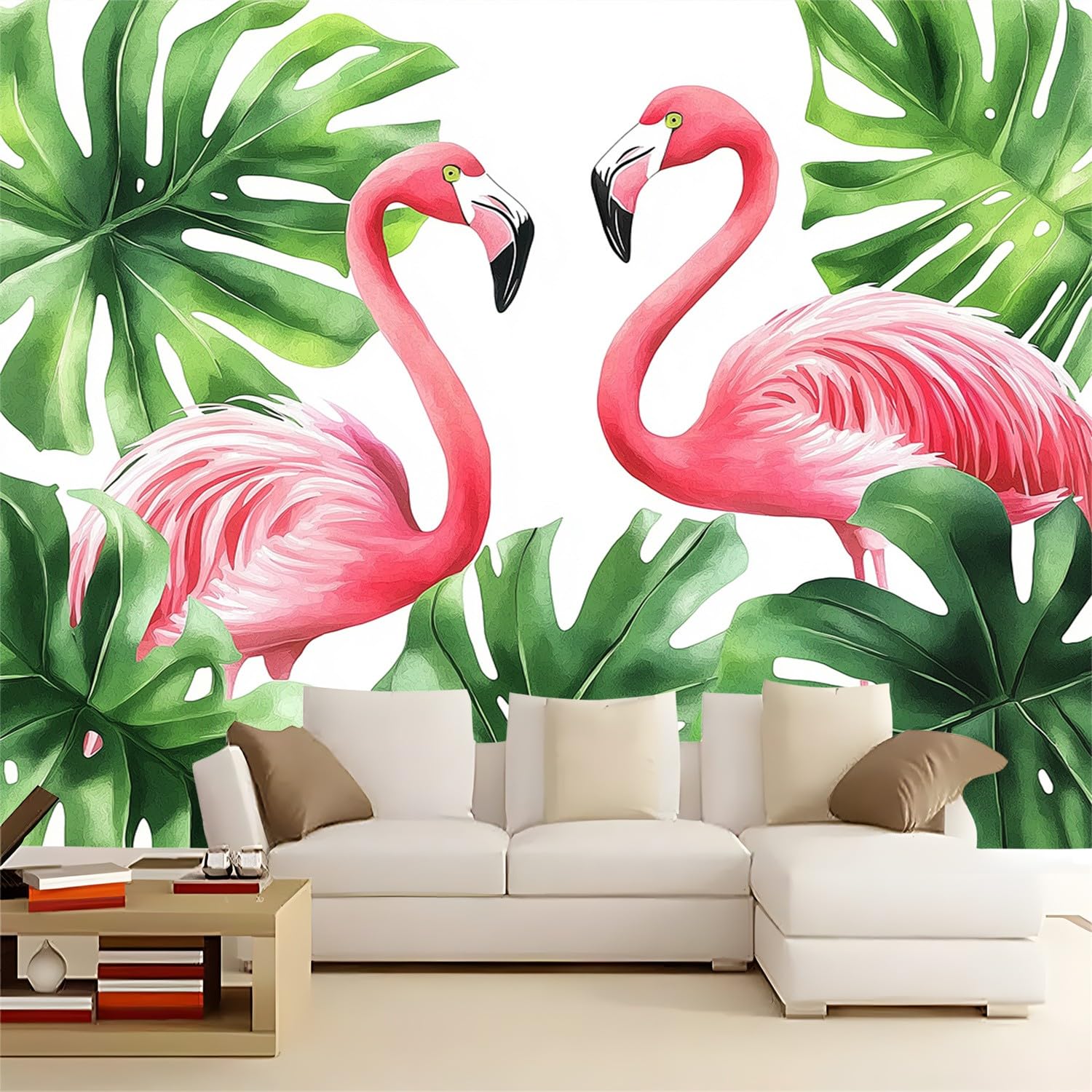 Fototapeta czerwona zielona fototapeta mural 300 x 210 cm różowe flamingi monstera liście palmowe sztuka zdjęcie mural dekoracja do salonu, sypialni, biura i pokoju dziecięcego, łatwy w instalacji