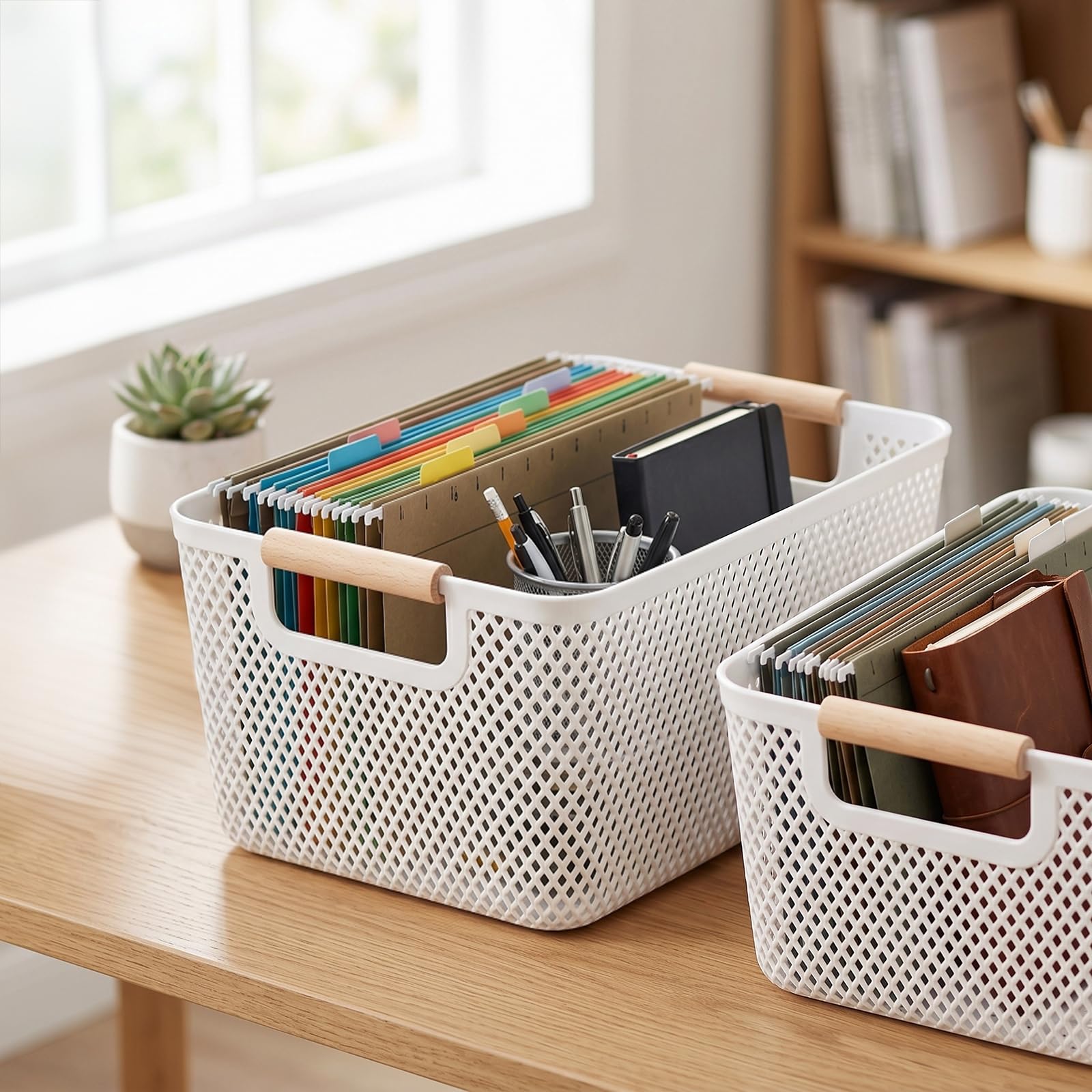 6 Stück Aufbewahrungsbox Weiß Groß, 35,5 x 22,9 x 16,2 cm Kunststoffboxen mit Massivholzgriffen, Atmungsaktiv Aufbewahrungsboxen ohne Deckel für Bad, Küche, Wohnbereich