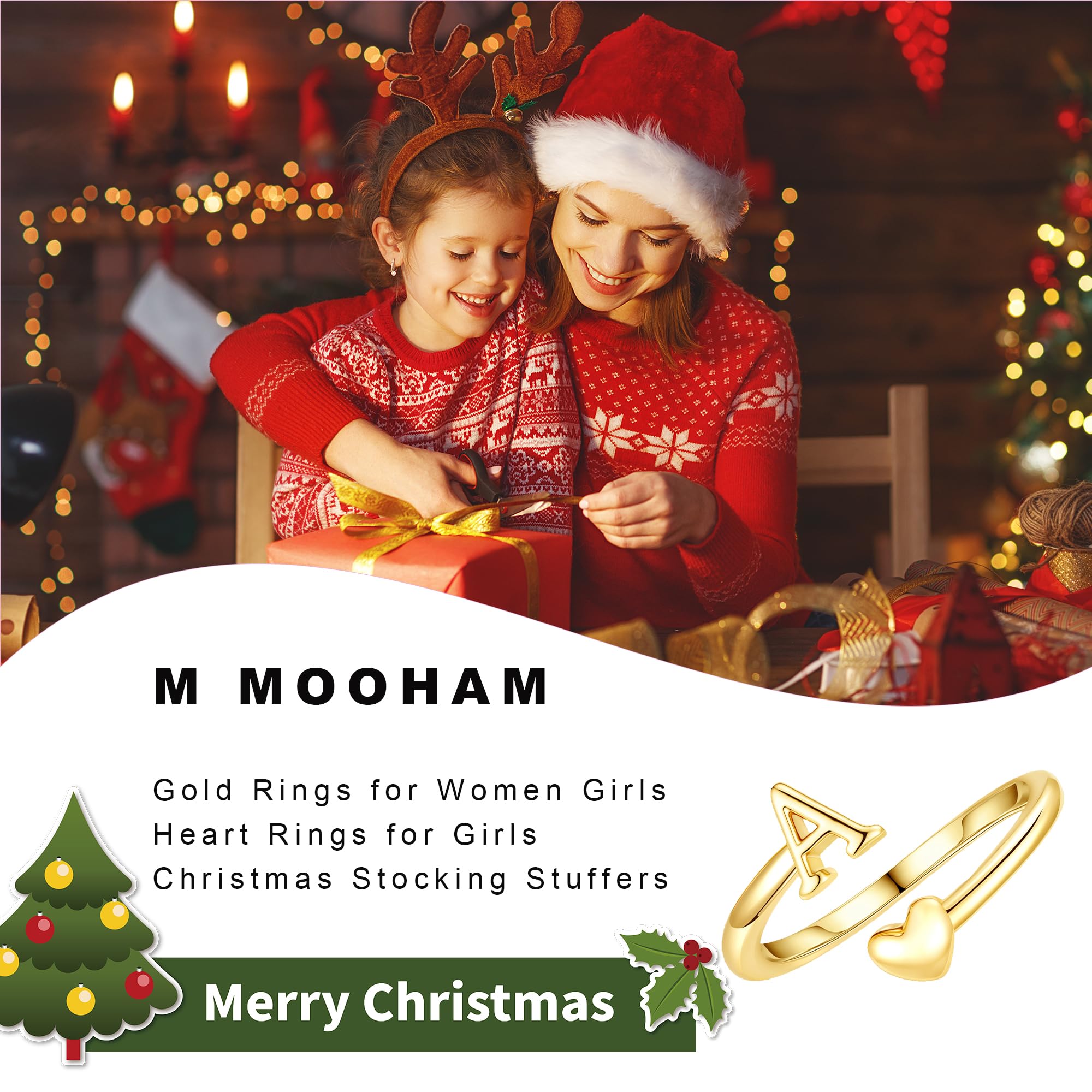 M MOOHAM Stocking Stuffers for Teen Girls Women - Gold Rings for Women Girls 14K Gold Plate Initial Rings for Women Non Tarnish Letter A- Z Dainty Heart Ring Adjustable Pinky Ring Personalized Jewelry Gifts