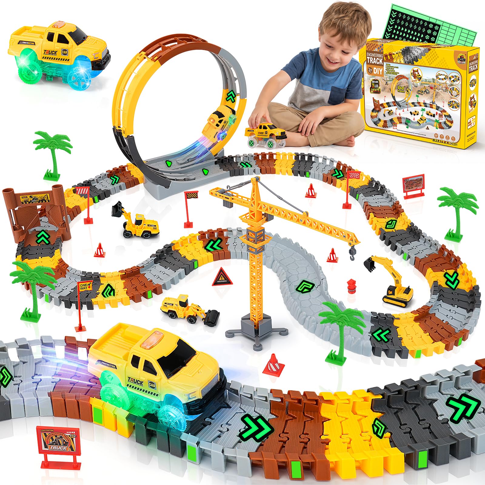 Autorennbahn ab 4 5 6 7 8 Jahre, Flexibles DIY Gleis-Set Flexible Track Kran Spiele