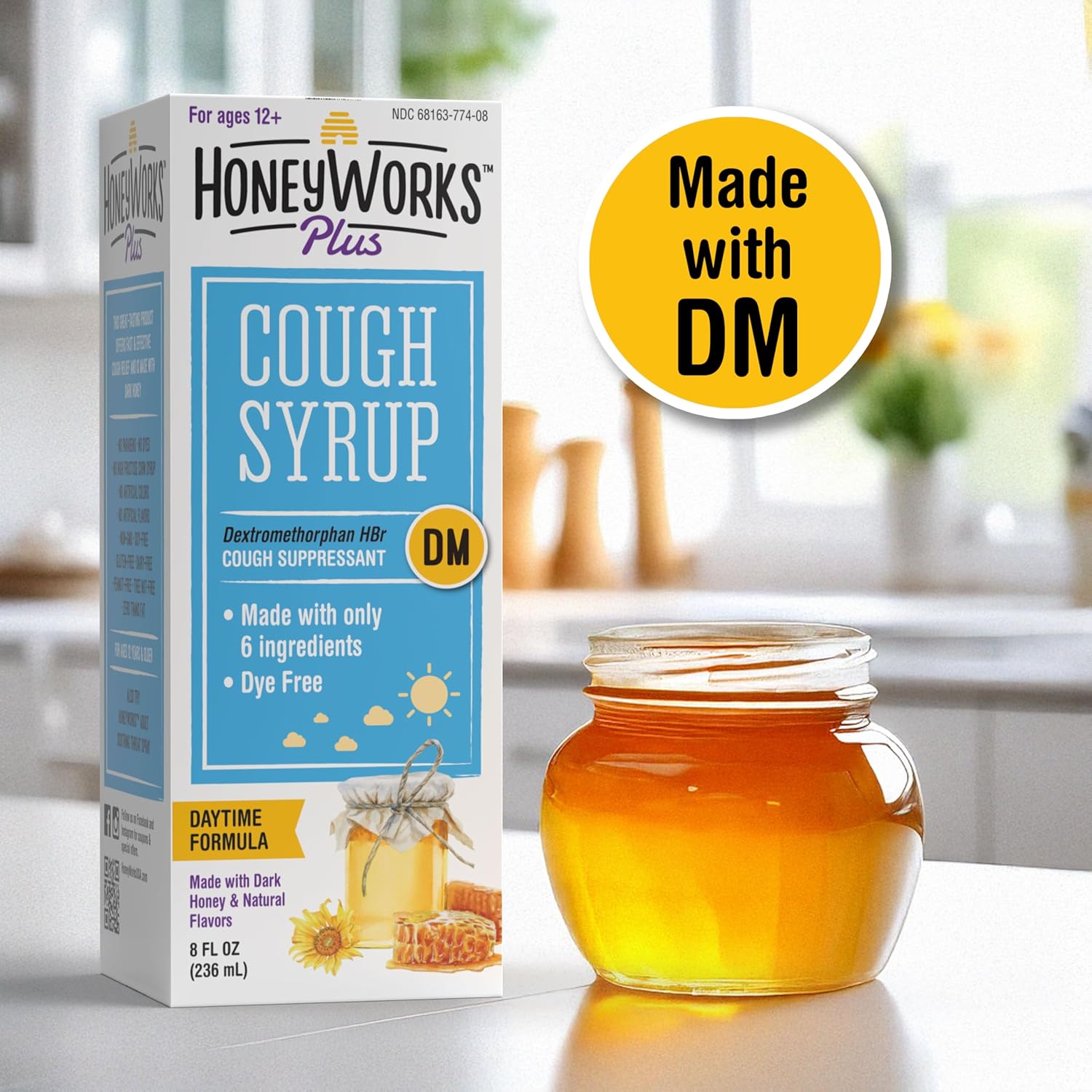 HoneyWorks Plus Cough Syrup with Organic Honey and DM, 8 Oz, Daytime Cough Suppressant for Adults & Kids 12+ Years, Helps Soothe Throat Irritation