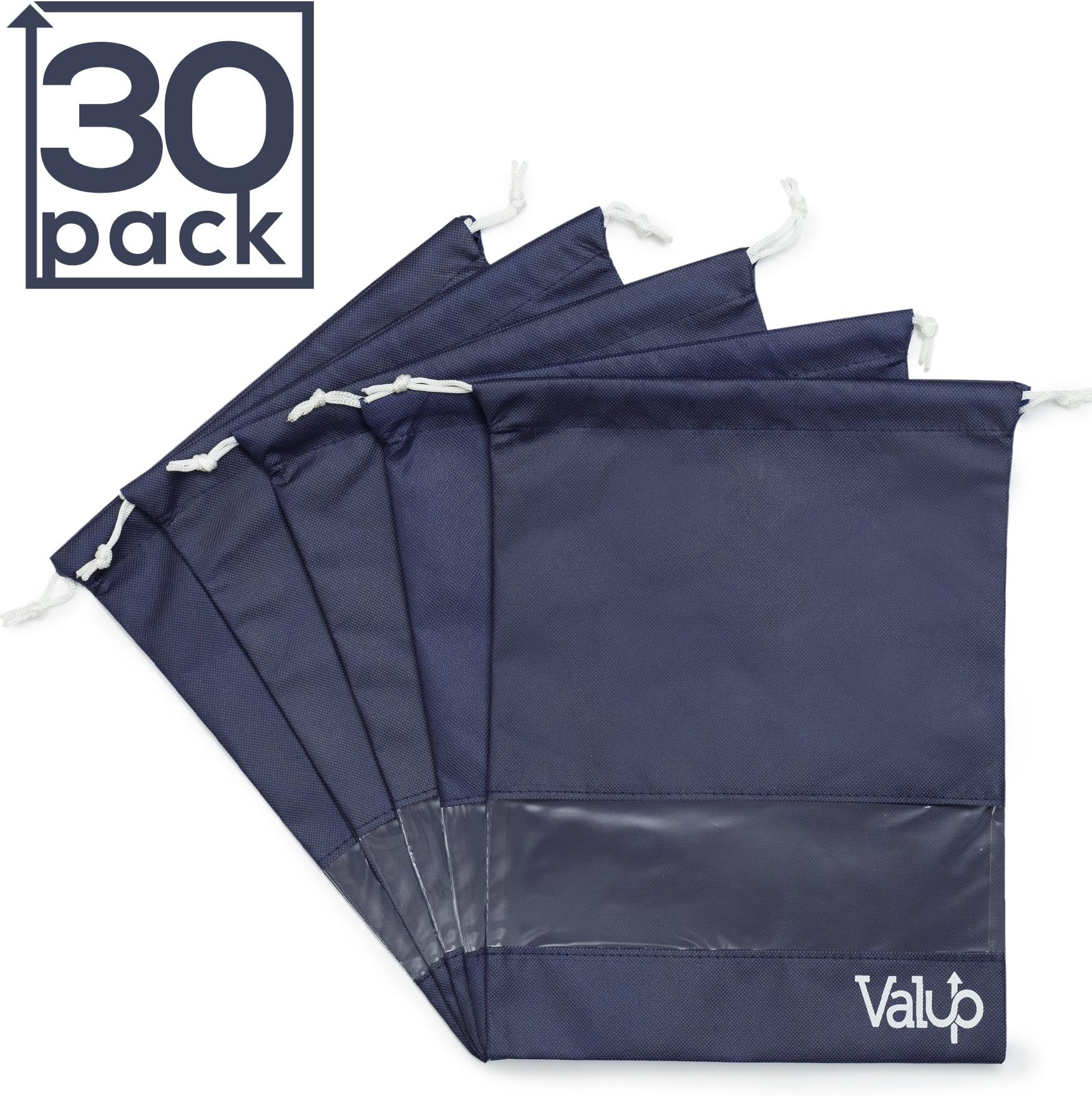 Shoe Bag Multipack - Pack of 30 - PVC Viewing Window - Dual Drawstrings - Suitable for Large Shoes & Boots Up to US Size 14 - Ideal for Storage & Travel - Durable Non-Woven Material