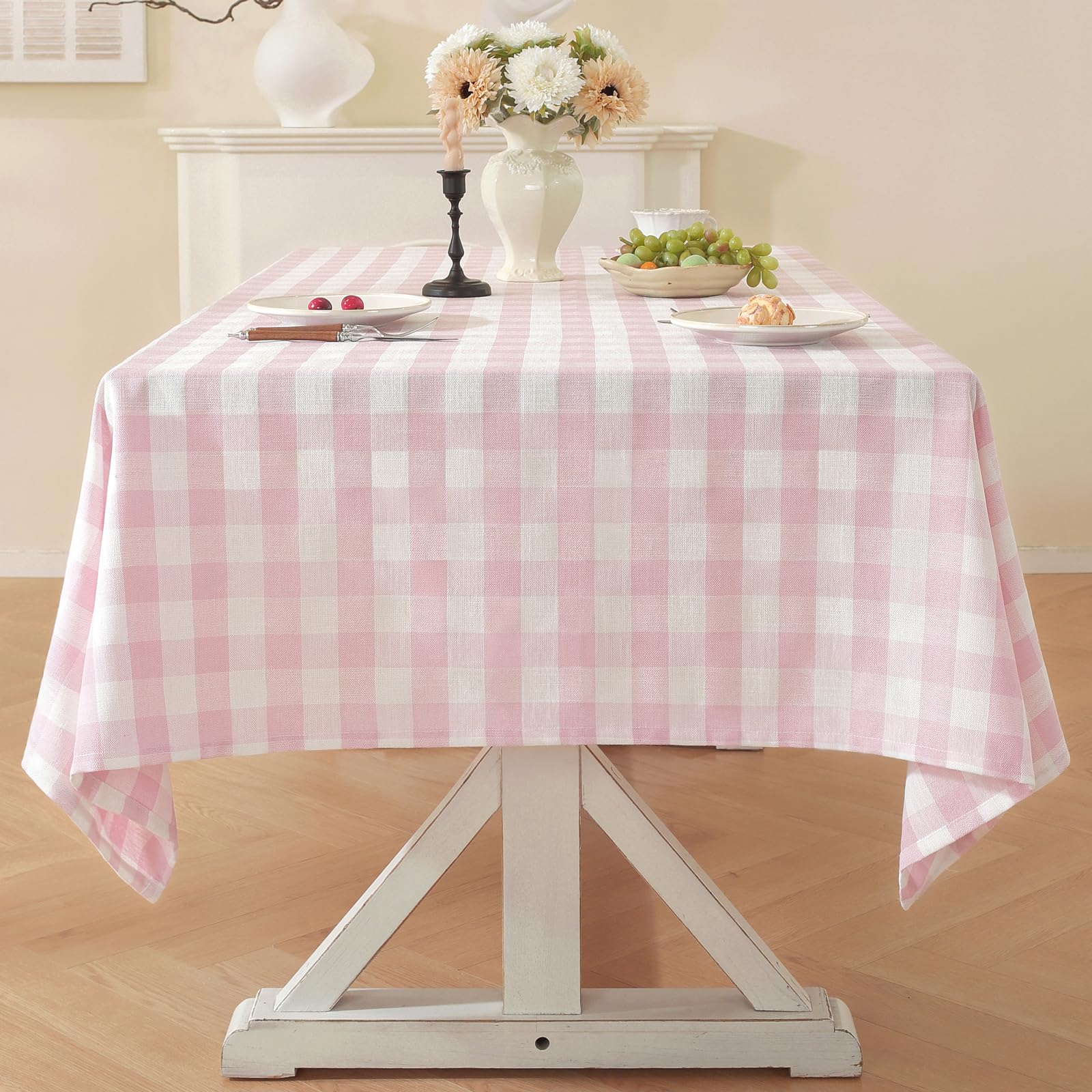 Laolitou Pink Gingham Table Cloth Rectangular 140x180cm, Outdoor Washable Cotton Linen Fabric Tablecloth Buffalo Plaid Checkered For Summer Picnic Camping Kitchen Dinning (4-6 Seats)
