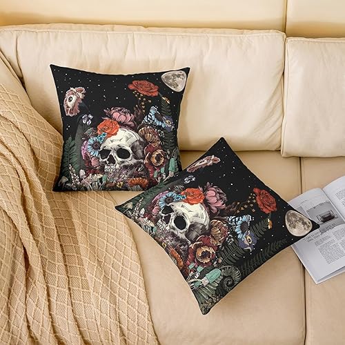 Miniatura 2 de Paquete de 2 fundas de almohada de calavera de azúcar decoración de sofá fundas de almohada florales botánicas para niños y niñas fundas de cojín de