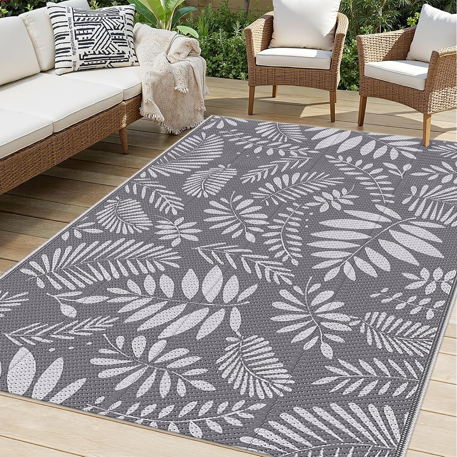 Dywanik na Patio 180x270 Duża Przenośny Plastikowy Dywanik Kempingowy z Wzorem Tropikalnych Liści Ogrodowy Dywanik Wodoodporny Dwustronna Mata na Taras,Piknik,Balkon,Basenie,Szaro-Biały