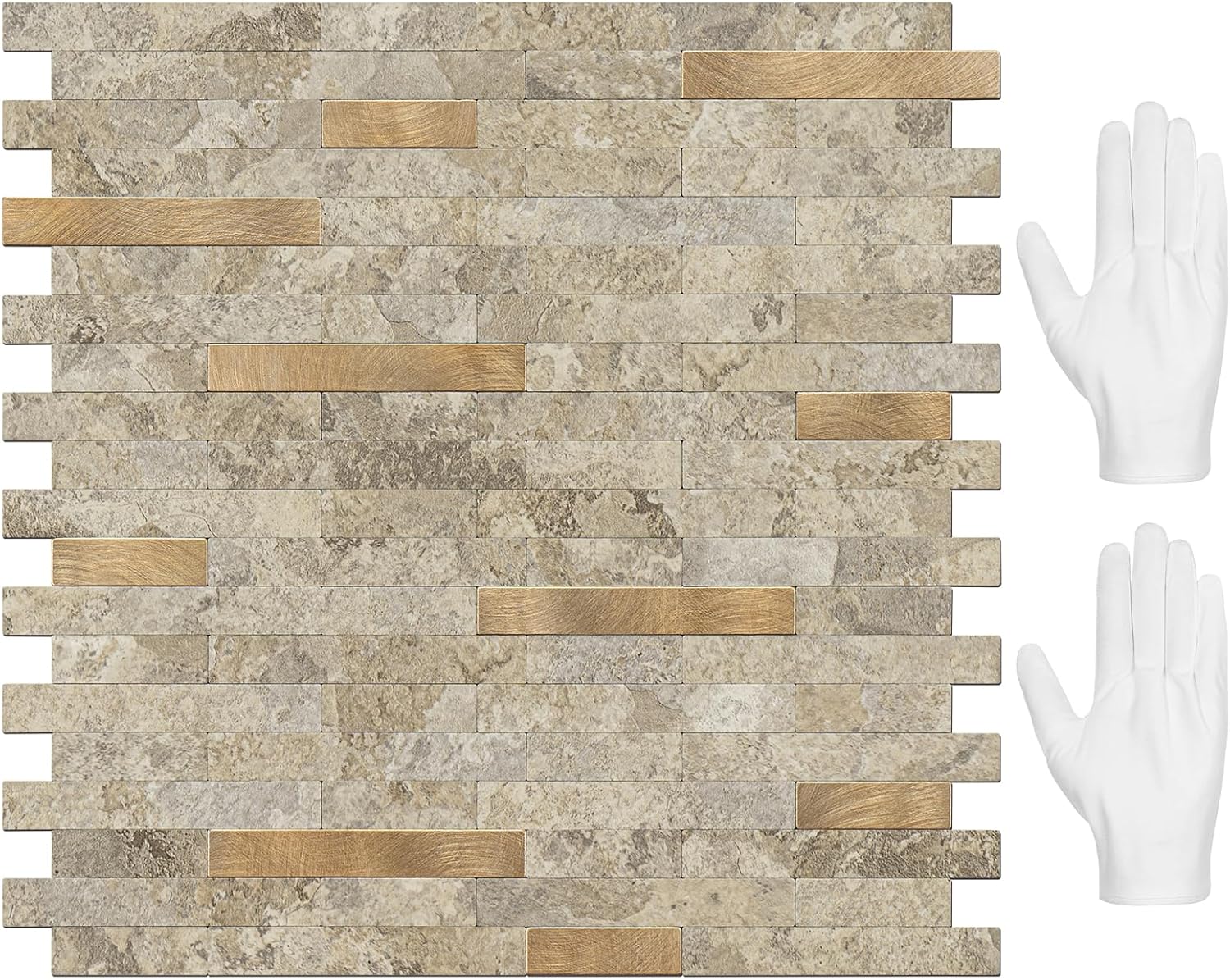 STICKGOO Peel and Stick Backsplash Tile, Stick on Backsplash for Kitchen and Bathroom, Stone Beige Marble Look PVC Mixed Metal Gold Self Adhesive Wall Tiles(10 Sheets) 10 Stone Beige with Metal Gold