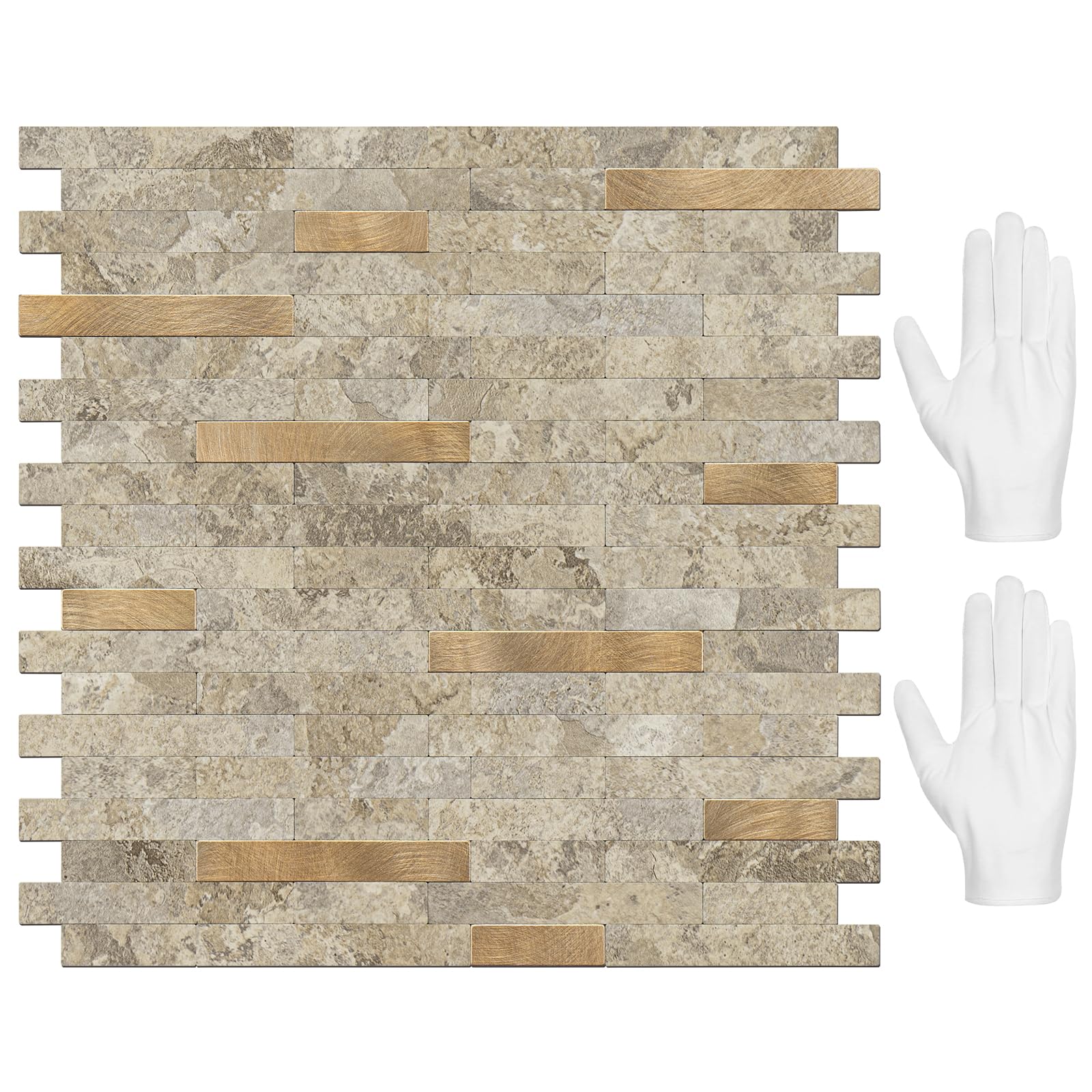 STICKGOO Peel and Stick Backsplash Tile, Stick on Backsplash for Kitchen and Bathroom, Stone Beige Marble Look PVC Mixed Metal Gold Self Adhesive Wall Tiles(10 Sheets)