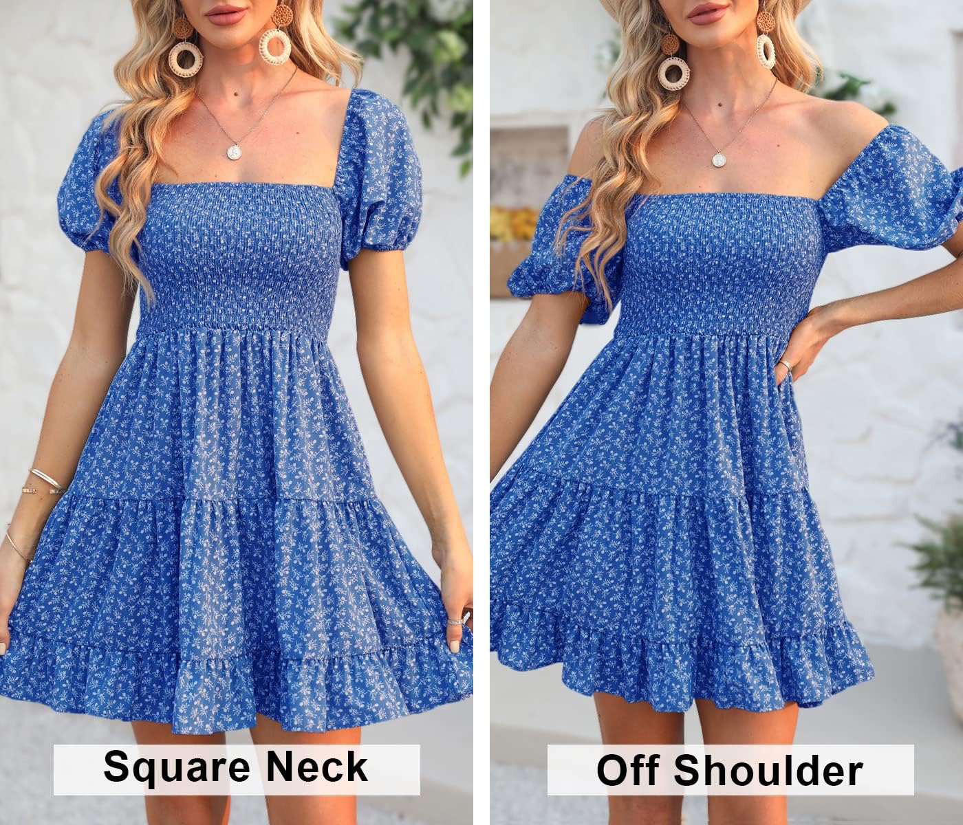 Veatzaer Women's Puff Sleeve Square Neck Smocked Babydoll Dress Boho Floral Print Off Shoulder Ruffle Mini Short Dress - Image 5