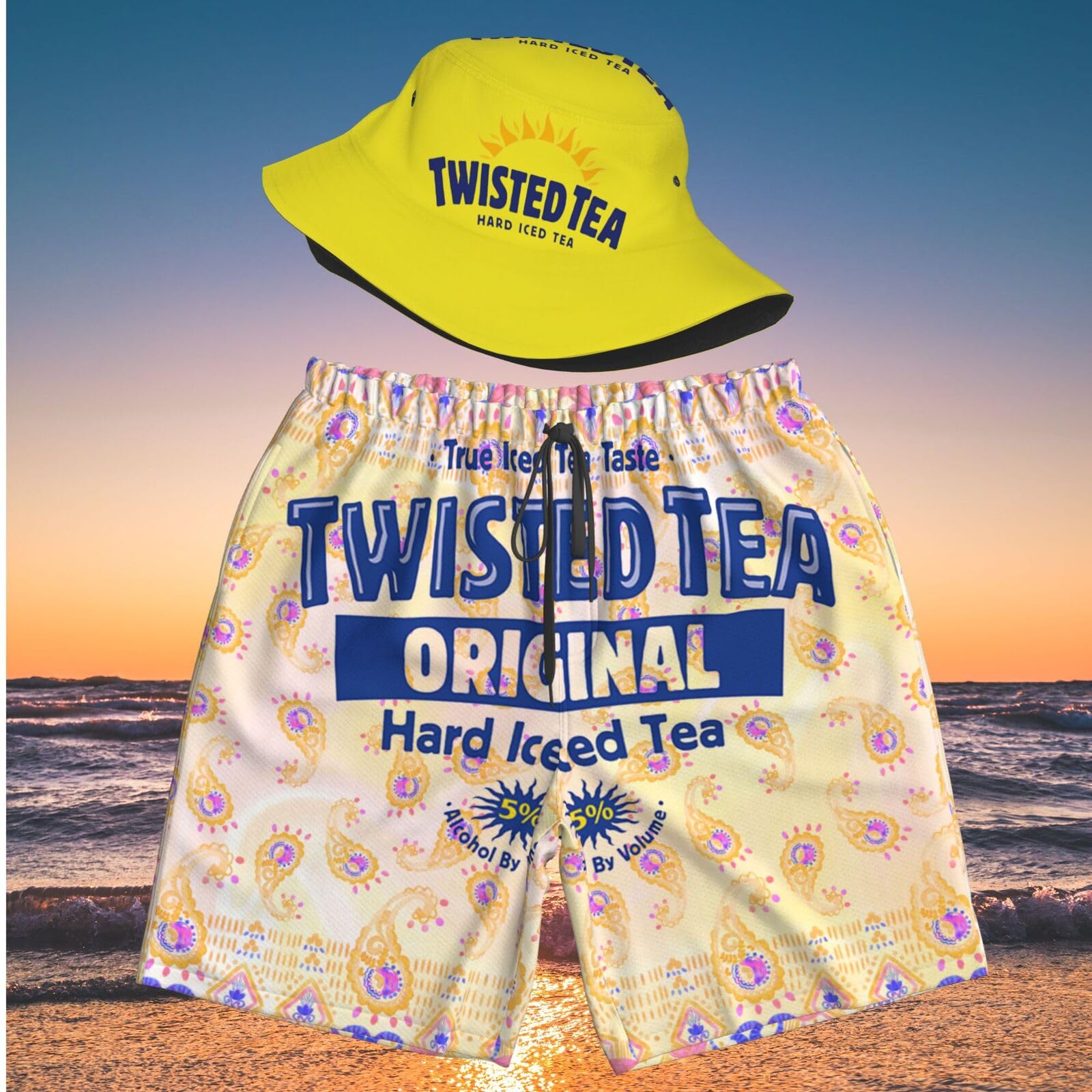 T-Wisted T-Ea Men's Beach Combo: Packable Bucket Hat&Quick Dry Shorts¨CTrendy Print Fisherman Cap & Drawstring Swim Trunks for Outdoor Fashion 3XL