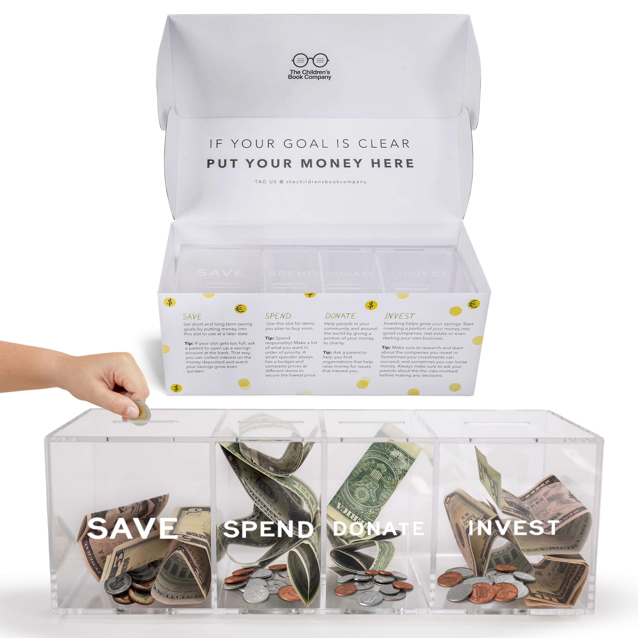 Clear Piggy Bank for Kids - Multi-Slot Acrylic Piggy Bank for Adults, Kids & Teens with Slots for Saving, Spending, Donating, & Investing, 12"x4"x4"