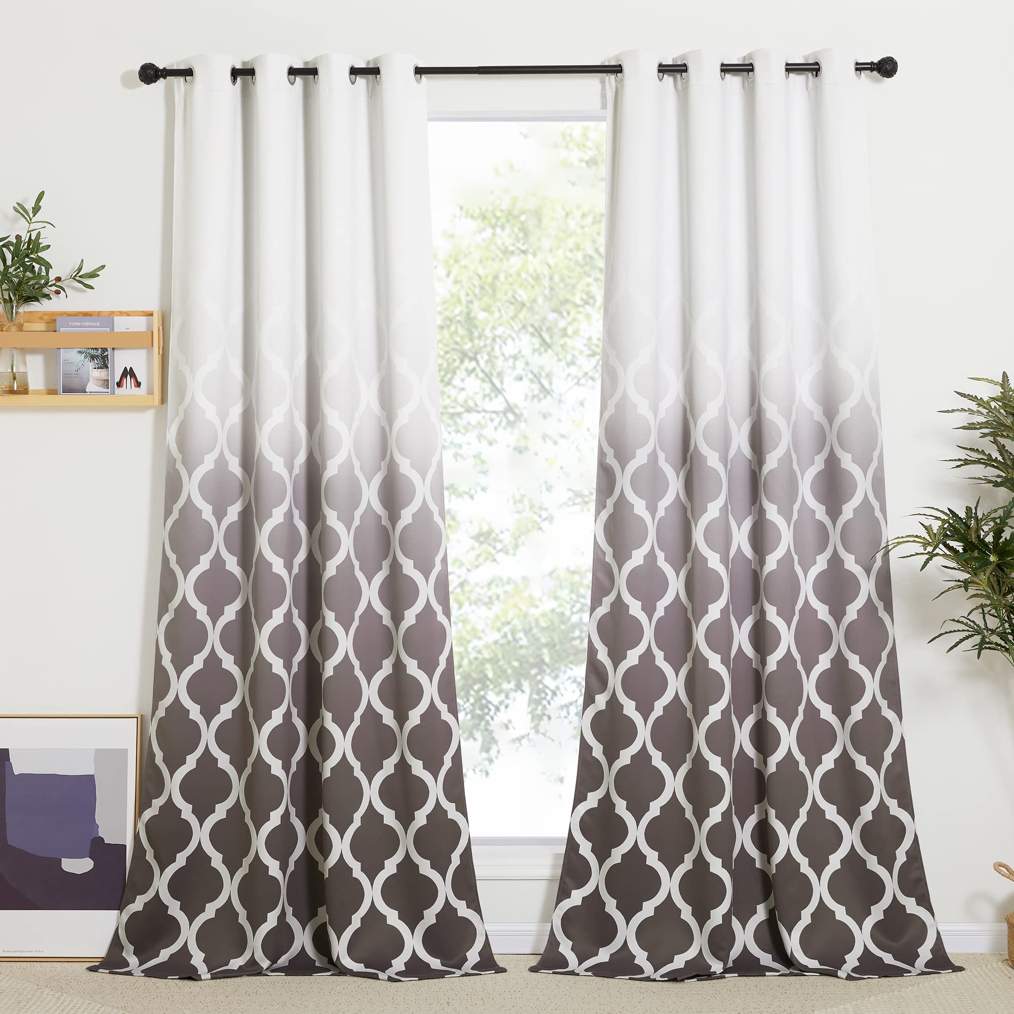NICETOWN Grey Ombre Moroccan Patterned Room Darkening Curtains 84 inch Long, Grommet Gradient Curtains Easy-Matching Window Treatments for Boys Bedroom/Kids Room, W52, Set of 2