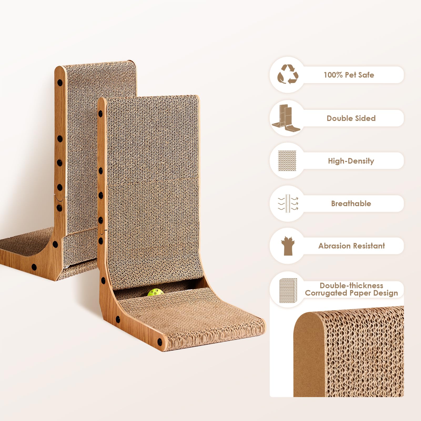 EHEYCIGA Cardboard Cat Scratcher for Indoor Cats, 26.8 Inch L Shaped Vertical Cat Scratching Board with Ball Cat Toy, Large Cat Scratcher Pad, Brown