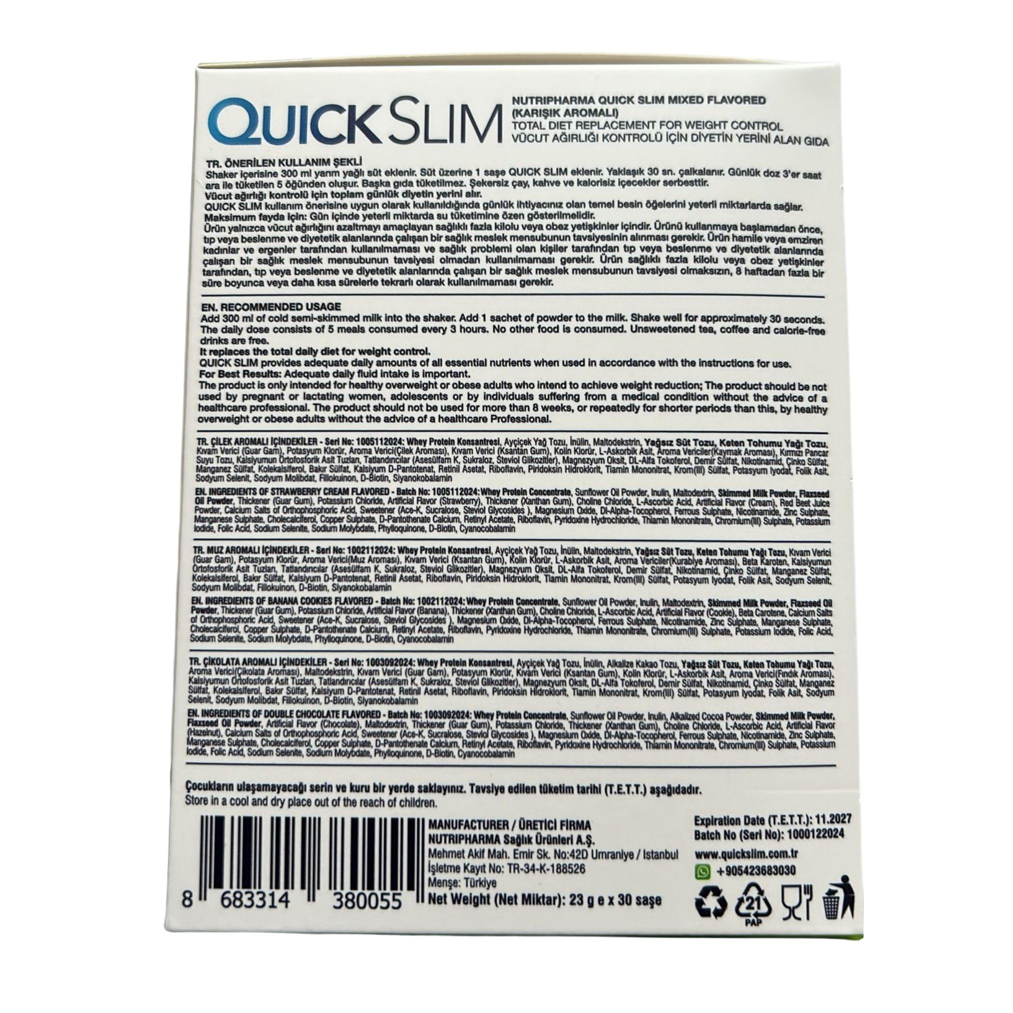 Frullato Sostitutivo Del Pasto Quick Slim per la Perdita Di Peso, 30 Pasti, 20 g di Proteine, 27 Vitamine e Minerali, Fibre Alimentari, Senza Glutine (Pacchetto varietà)