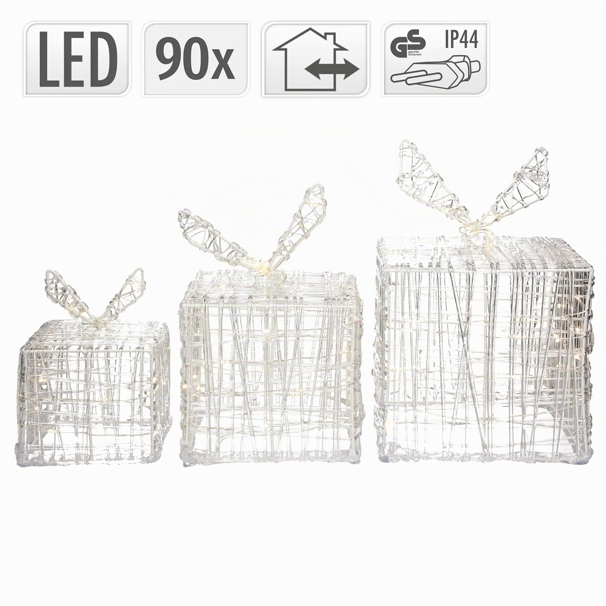 ECD Germany Set di 3 Scatole Regalo Luminose con 90 LED Bianco Caldo Decorazione Natalizia Pacchi Decorativi per Albero di Natale IP44 Impermeabile Argento da Interno/Esterno Matrimoni Feste Cortile