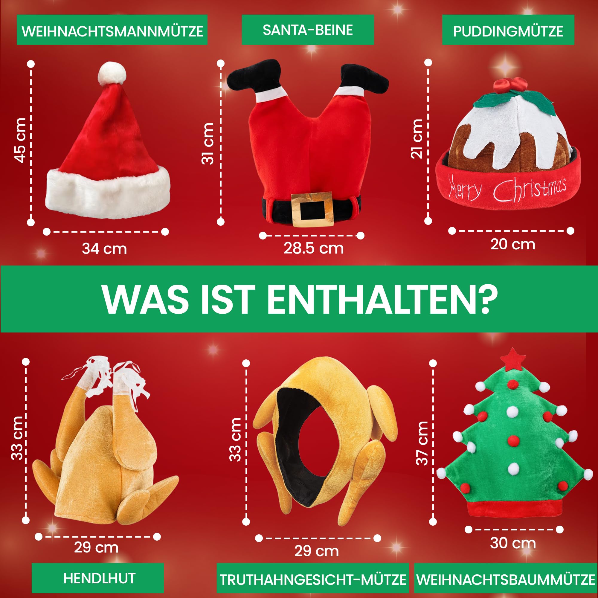 REDSTAR Neuheits-Weihnachtsmützen-Set – enthält Weihnachtsmützen, Weihnachts-Truthahnmütze für Erwachsene, Weihnachtspudding-Mütze für Erwachsene, Weihnachtsbaummütze –