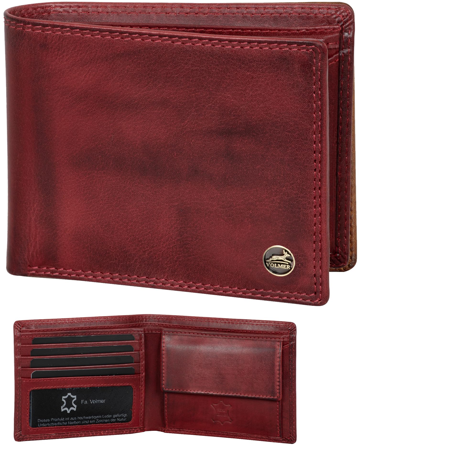 Fa.Volmer ® Leder Geldbörse Herren mit RFID-Schutz - extra-stabile Doppelnaht (4+2 Card - Bordeaux Red)