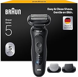Braun Afeitadora Eléctrica Hombre Series 5, Máquina De Afeitar Barba En Seco Y En Mojado, 2 Modos De Afeitado, 50 Min De Uso, Cabezal De Recortadora Corporal, Estuche De Viaje, 52-N1650SI, Negro