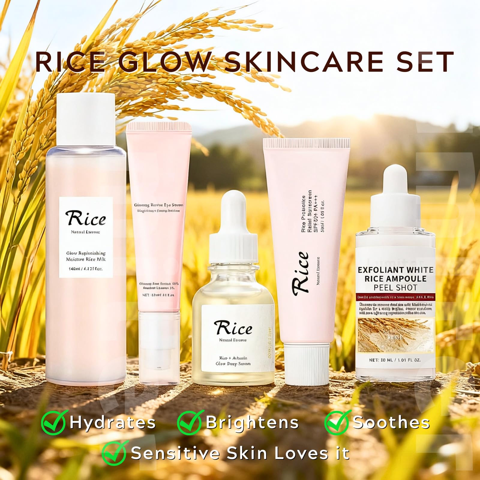 5PCS Rice Korean Skin Care Sets, Rice Skincare Set, Glowing Glass Skin Facial Kit - Image 2