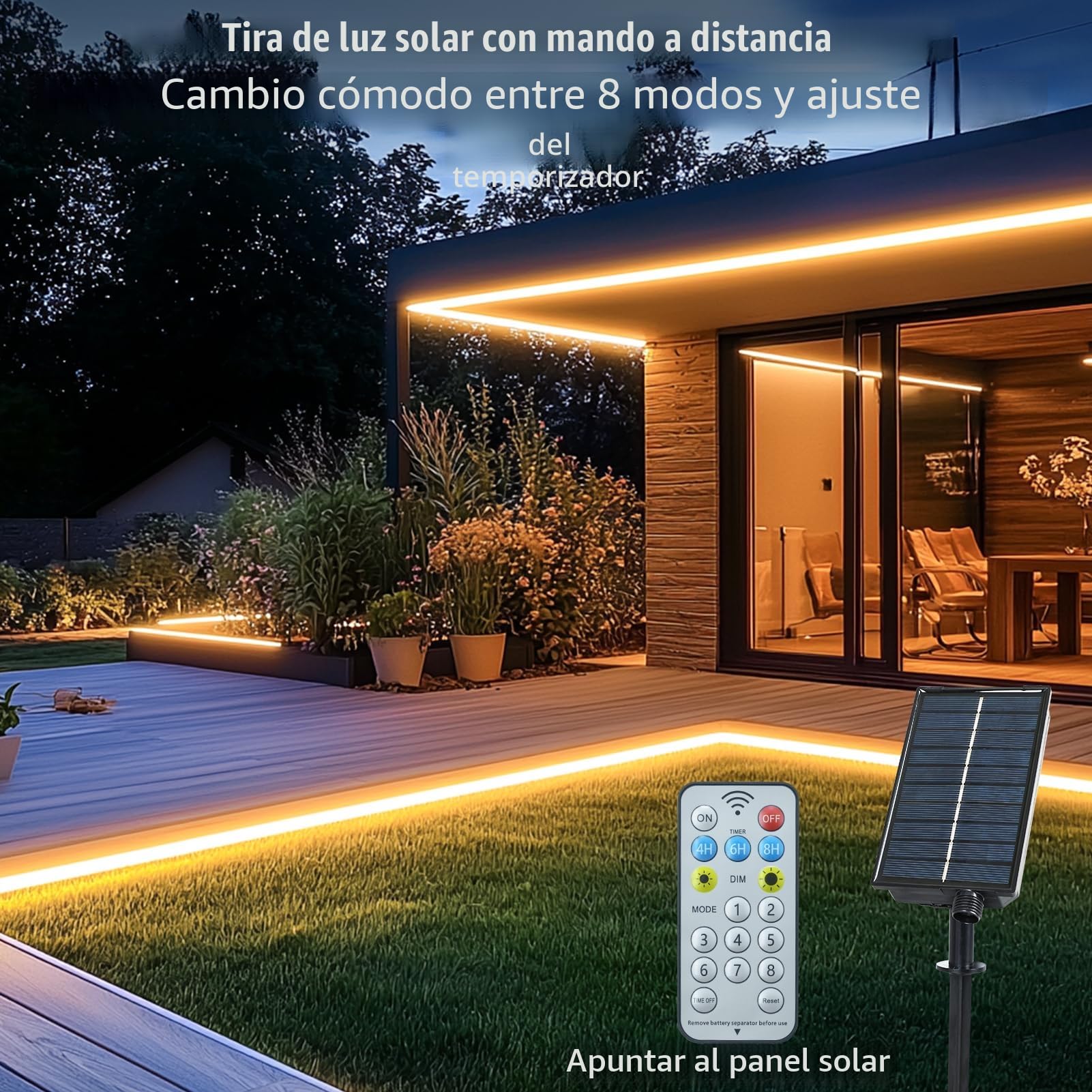 Tiras de luces LED solares al aire libre, tira de luces LED de 5M con 320 luces LED con control remoto, 8 modos de luces de jardín solares al aire libre, luz de cuerda impermeable para cerca, porche