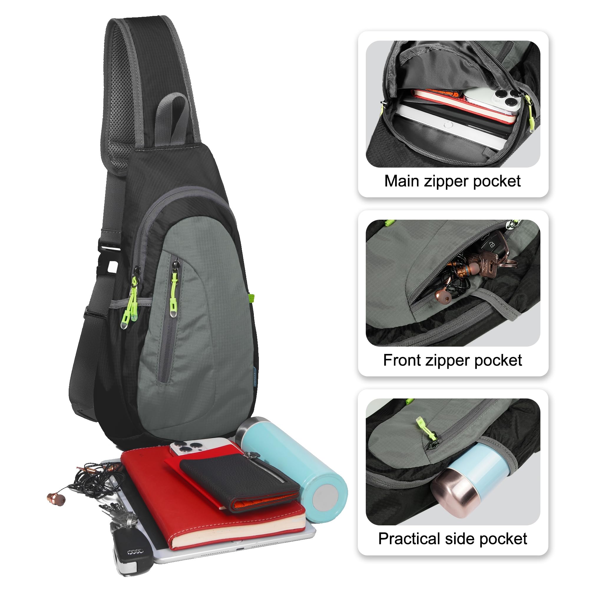 TITECOUGO Piccola borsa a tracolla, leggera borsa a tracolla per uomo e donna, borsa a tracolla per sport e attività all'aperto, nero/grigio scuro.