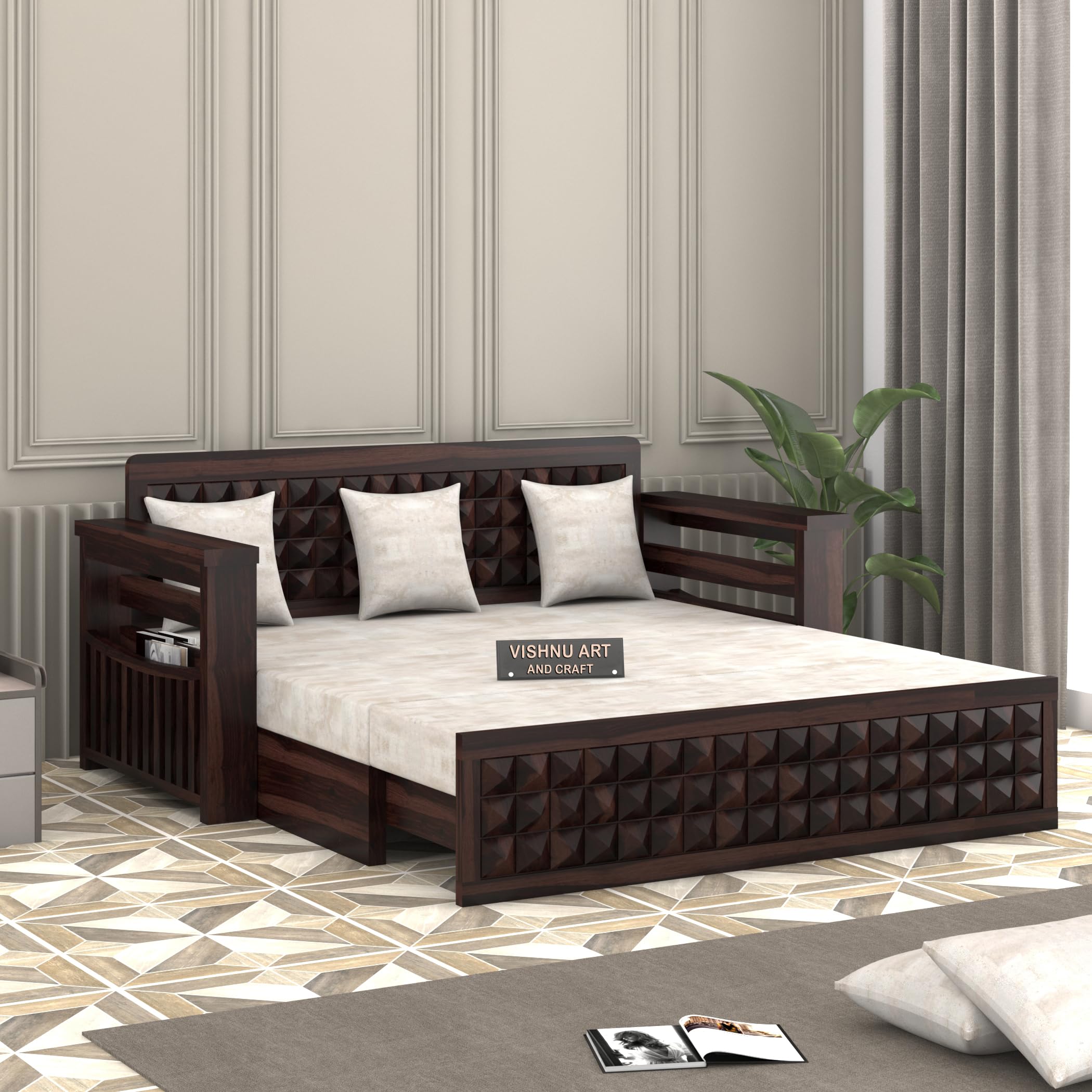 VISHNU ART AND CRAFT Solid Sheesham Wood 3 Seater Diamond Sofa Bed with Storage and Side Pockets Wooden Sofa Bed for Home (Walnut, 3 Seater)