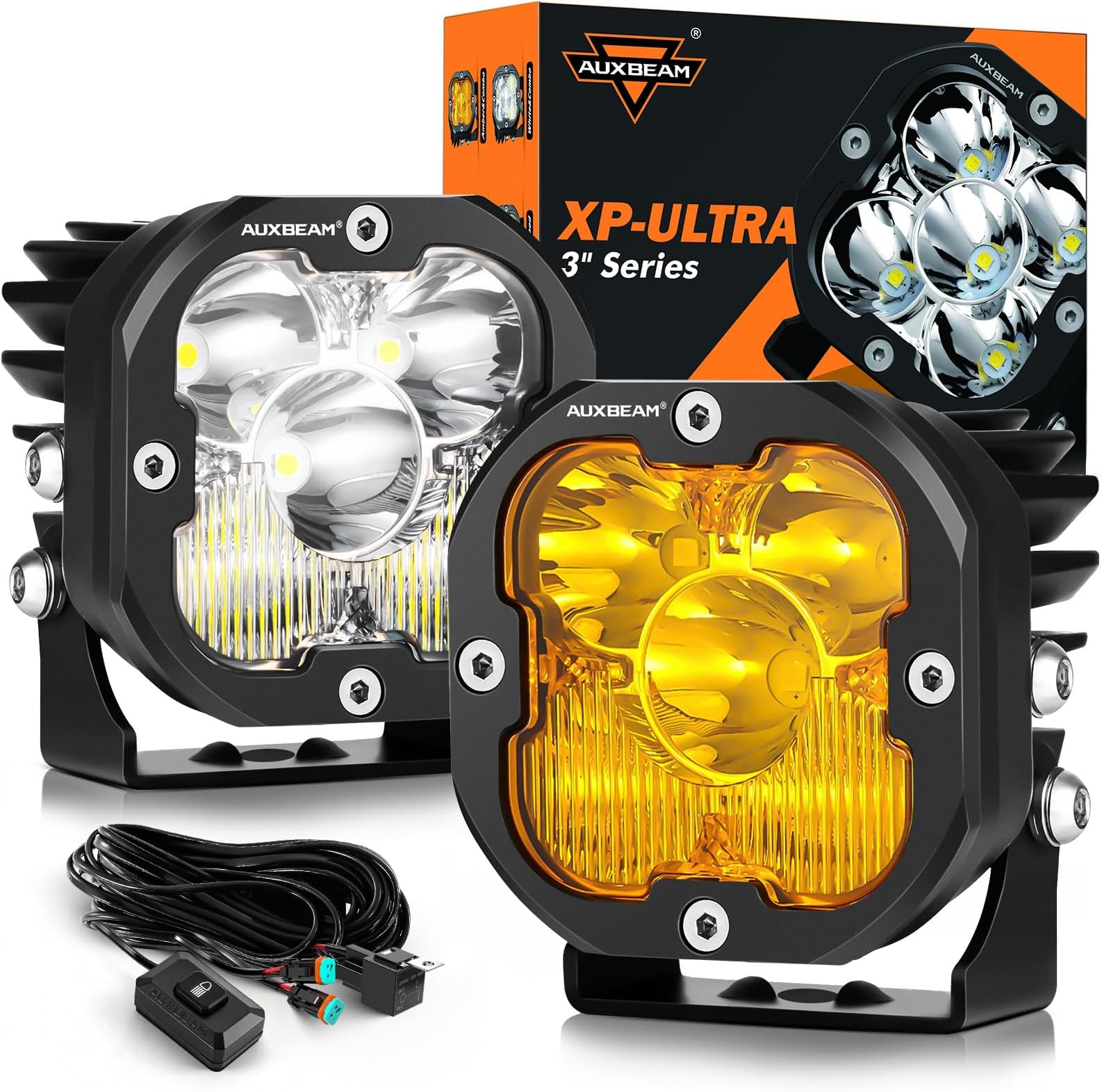 - 3 Inch Led Pods Amber Fog White Off Road Driving Light XP-Ultra Series Spot Flood Combo Offroad LED Bar Cube Lights 80W Auxiliary Ditch Lights with White/Amber Light Covers, Pair