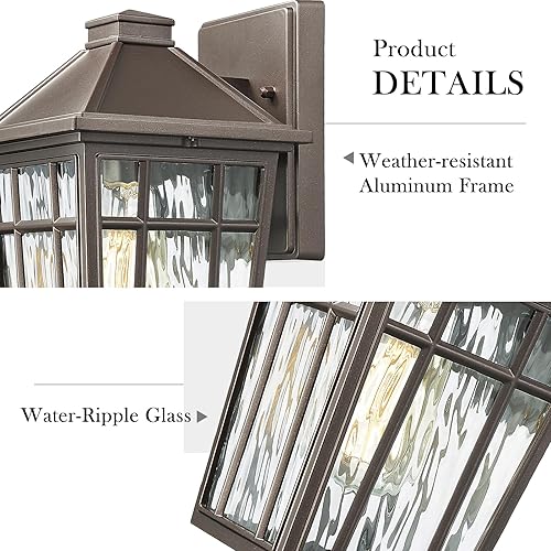 Miniatura 5 de Darkaway Aplique de pared para exteriores, lámpara de porche exterior, aplique exterior de aluminio antioxidante, impermeable, con vidrio ondulado