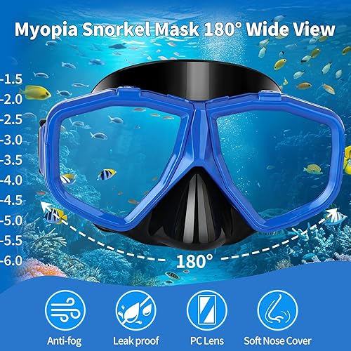 Miniatura 3 de Equipo de esnórquel miope reemplazable para adultos y jóvenes, máscara de buceo antivaho miope y esnórquel de silicona con parte superior seca