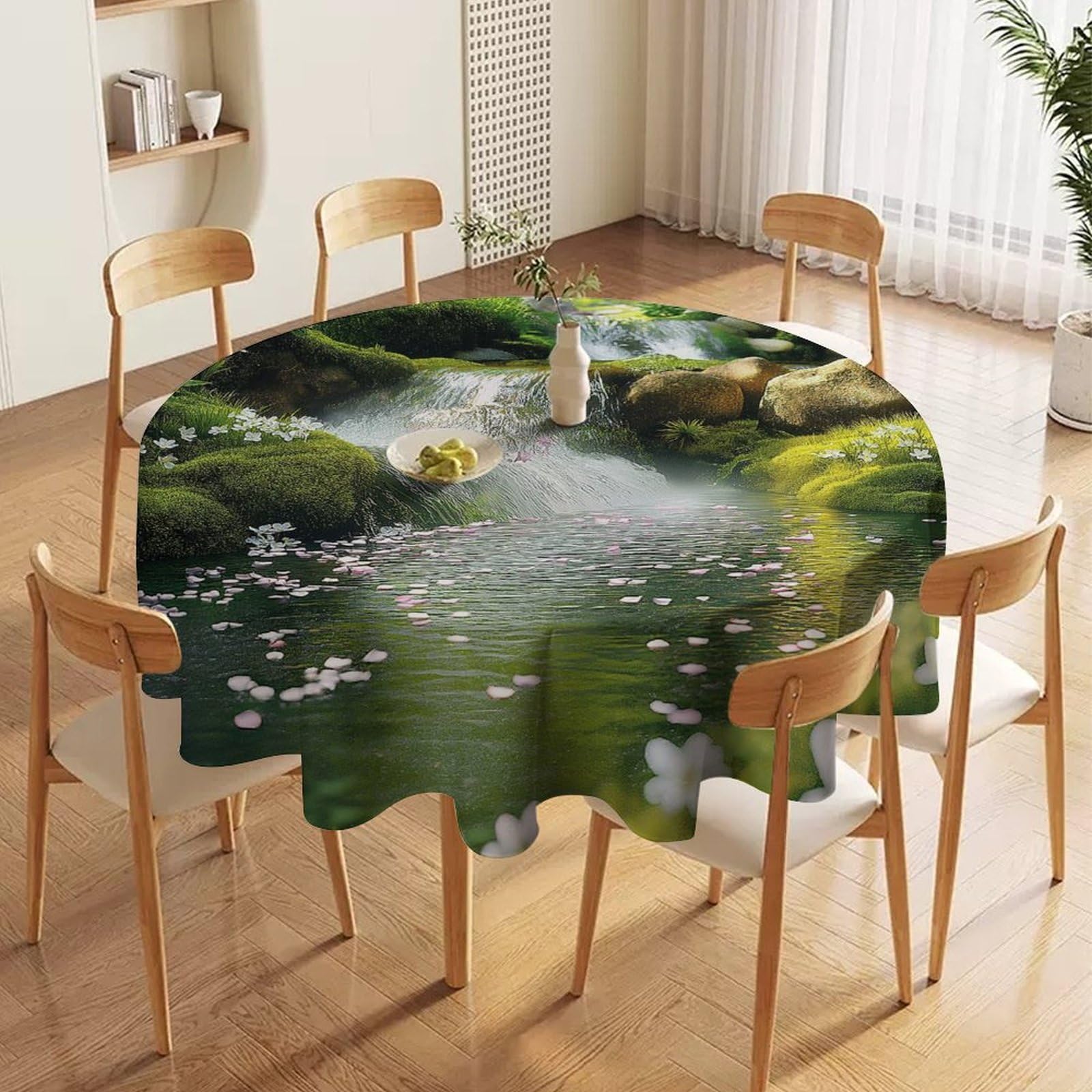 ORDOBO 3D Print Round Tablecloth - Stream Stones Fashion Waterproof Dust-Proof Table Cover For Dinner Kitchen Holiday Home Protect Table Decoration 177X177Cm
