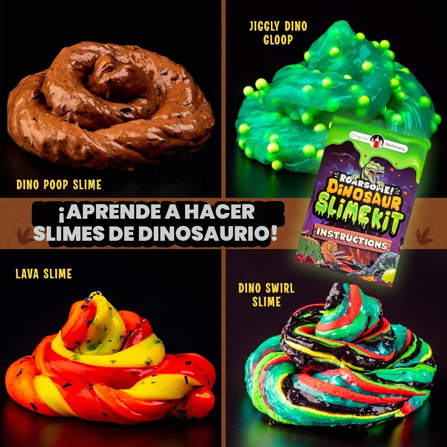Original Stationery Kit de limo de dinosaurio, que brilla en la oscuridad para crear limo para niños, limo brillante y limo de caca de dinosaurio para niños, impresionante kit de limo de mantequilla