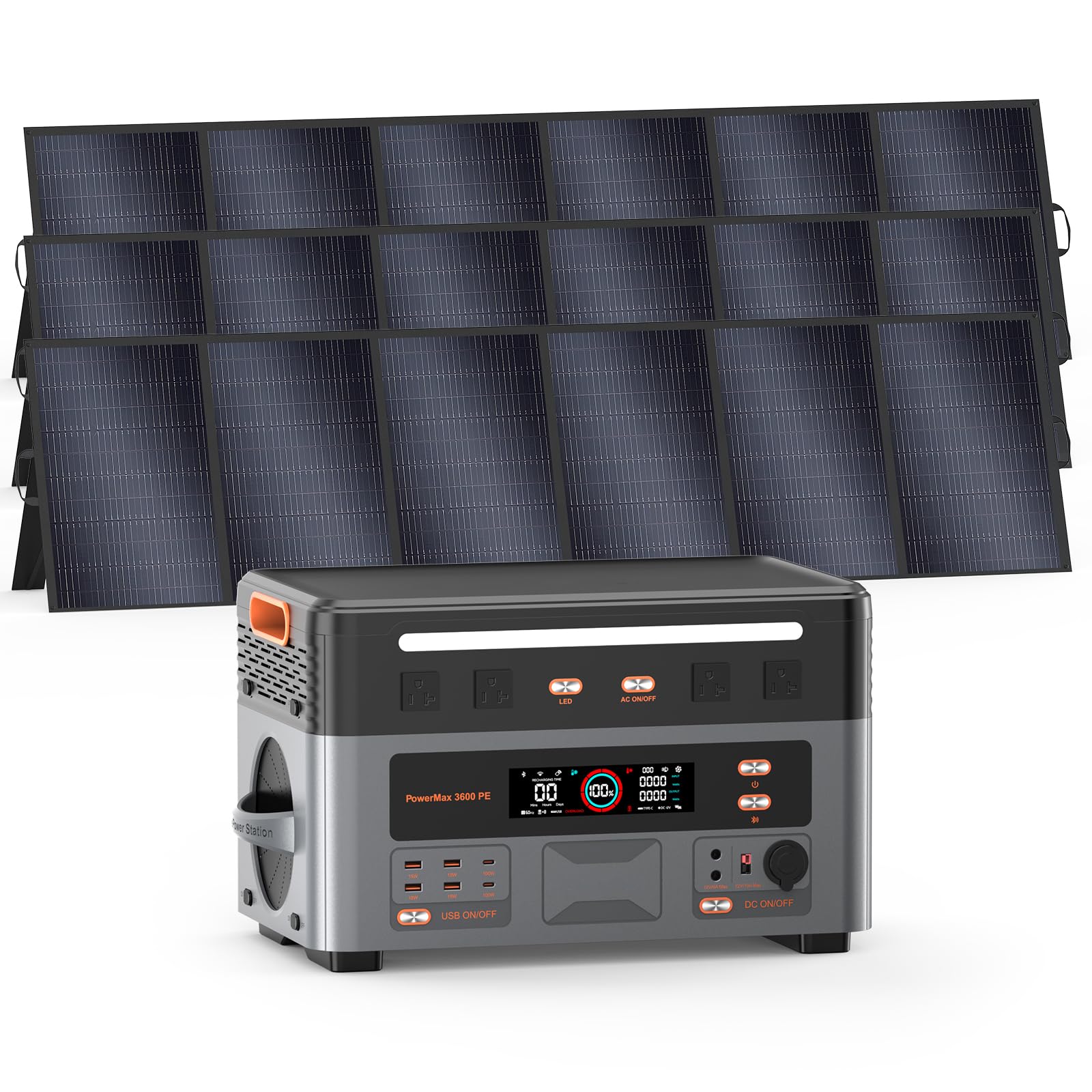 3600W Solargenerator mit 3x500w Solarpanel, 2016Wh Tragbare Powerstation, LiFePO4 Akku, 0–80% in 45Min, USV, 14 Ausgänge, APP, Portable Power Station für Camping, Wohnmobil, PowerMax 3600PE