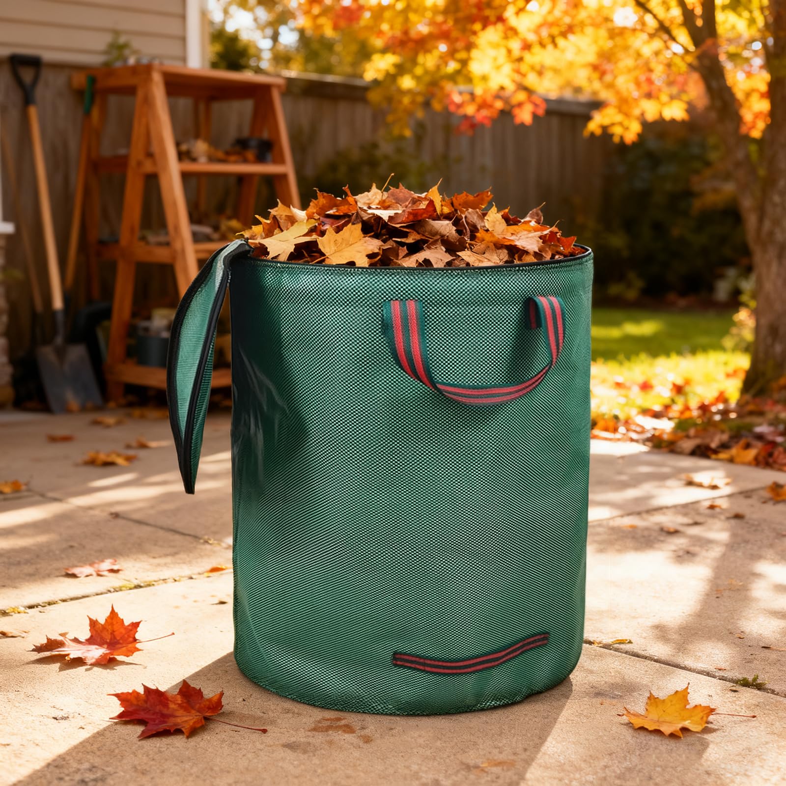 3 Sacos de Hojas 120L con Tapa Cremallera, Bolsas Jardín Polipropileno Estables, Plegables Reutilizables con Asas, para Hojas Hierba Residuos Jardín, 45x76 cm Verde