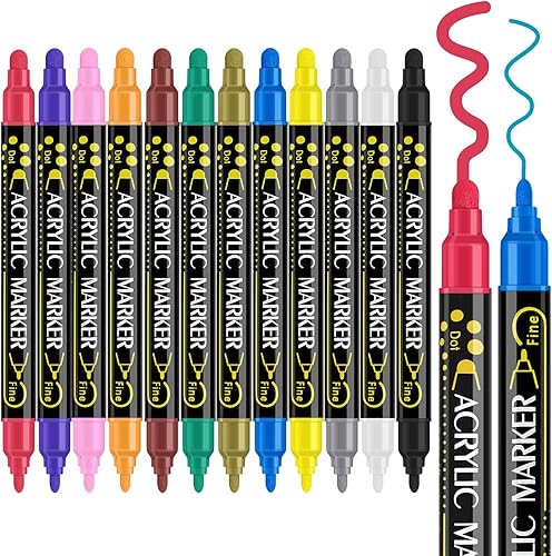Betem Marcadores de pintura acrílica de doble punta de 12 colores, bolígrafos de pintura acrílica para madera, lienzo, piedra, pintura roca, vidrio