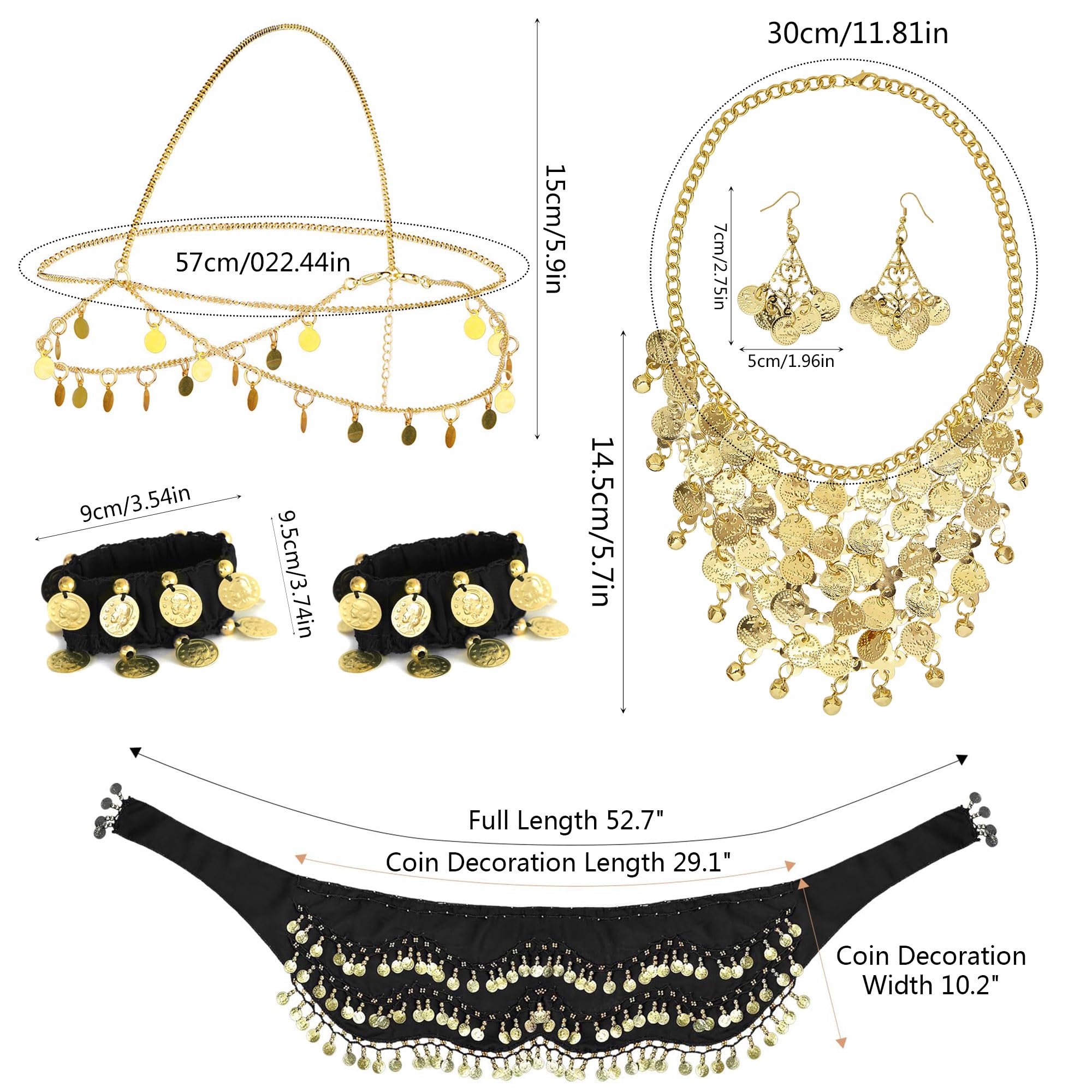 7 Pièces Ceinture Danse Orientale Femme, Ceinture pour Danse du Ventre avec Boucles d'oreilles en Pièces d'or, Collier, Bracelets et Coiffe, Danseuse du Ventre Bijoux, pour Spectacles de Scène