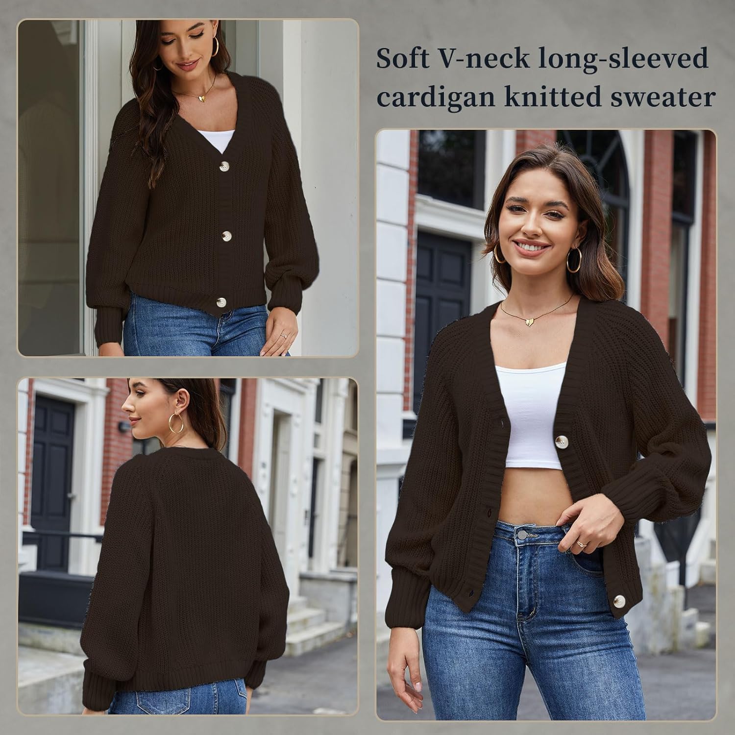 Women's Loose Sweater Button Soft V-Neck Long-Sleeved Cardigan Knitted Sweater Warm and Comfortable Coat - Image 4