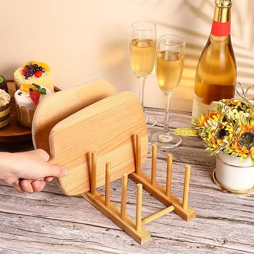 Miniatura 5 de Estante de bambú para platos de 6 piezas, 8 ranuras, organizador de secado para gabinete, aula, libro, organizador de tapa de olla, taza, tabla de