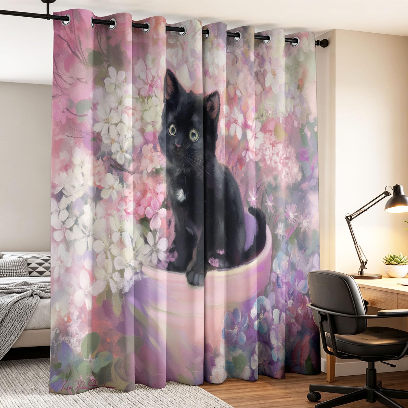 Generisch Cortinas térmicas para sala de estar, cortinas opacas japonesas lindas con ojales, diseño de gato y flores, cortinas opacas con aislamiento térmico para dormitorio, 215 x 140 cm (alto x