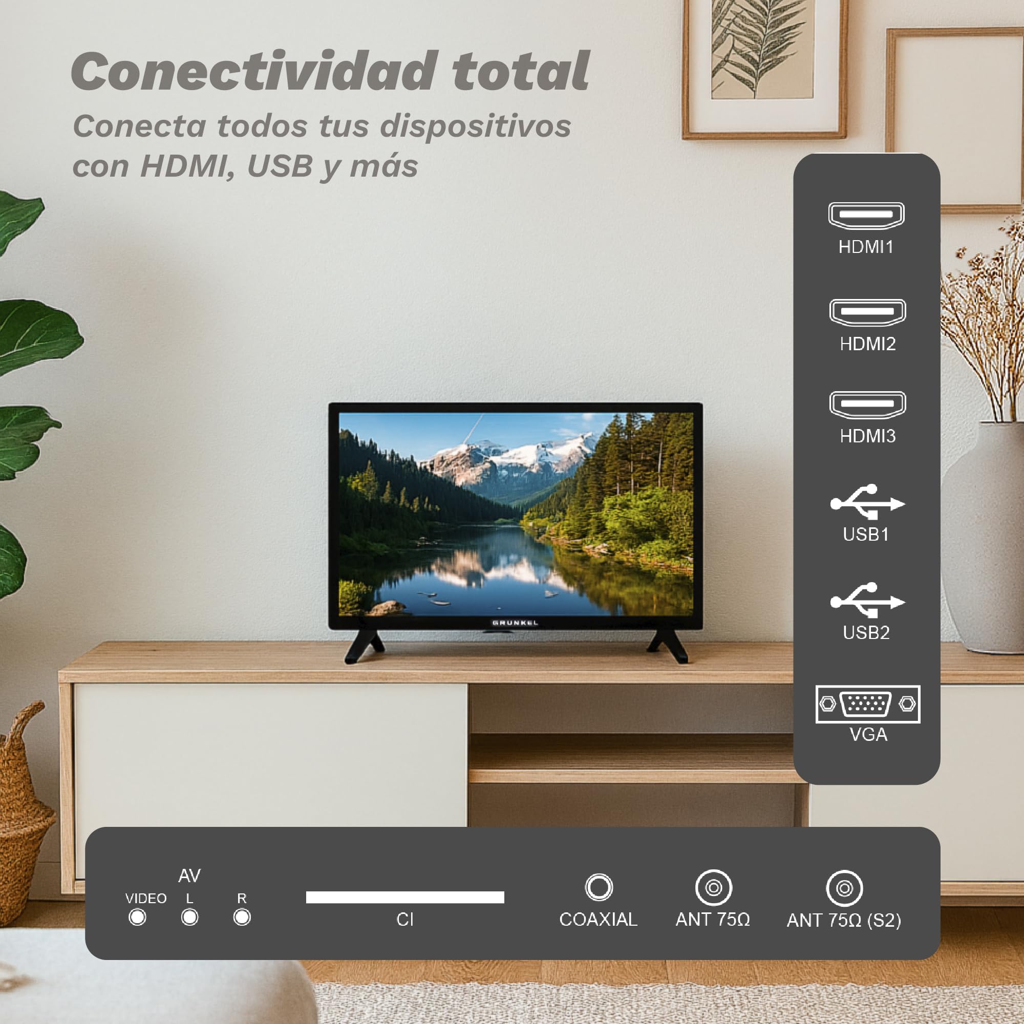 Grunkel - Televisor LED de 24 Pulgadas HD con Adaptador a 12V para Camper y Caravanas - LED-24 IV2 - Ready Alta definición con TDT Alta definición T2 - Modo Hotel con 3 HDMI y 2 USB - Negro