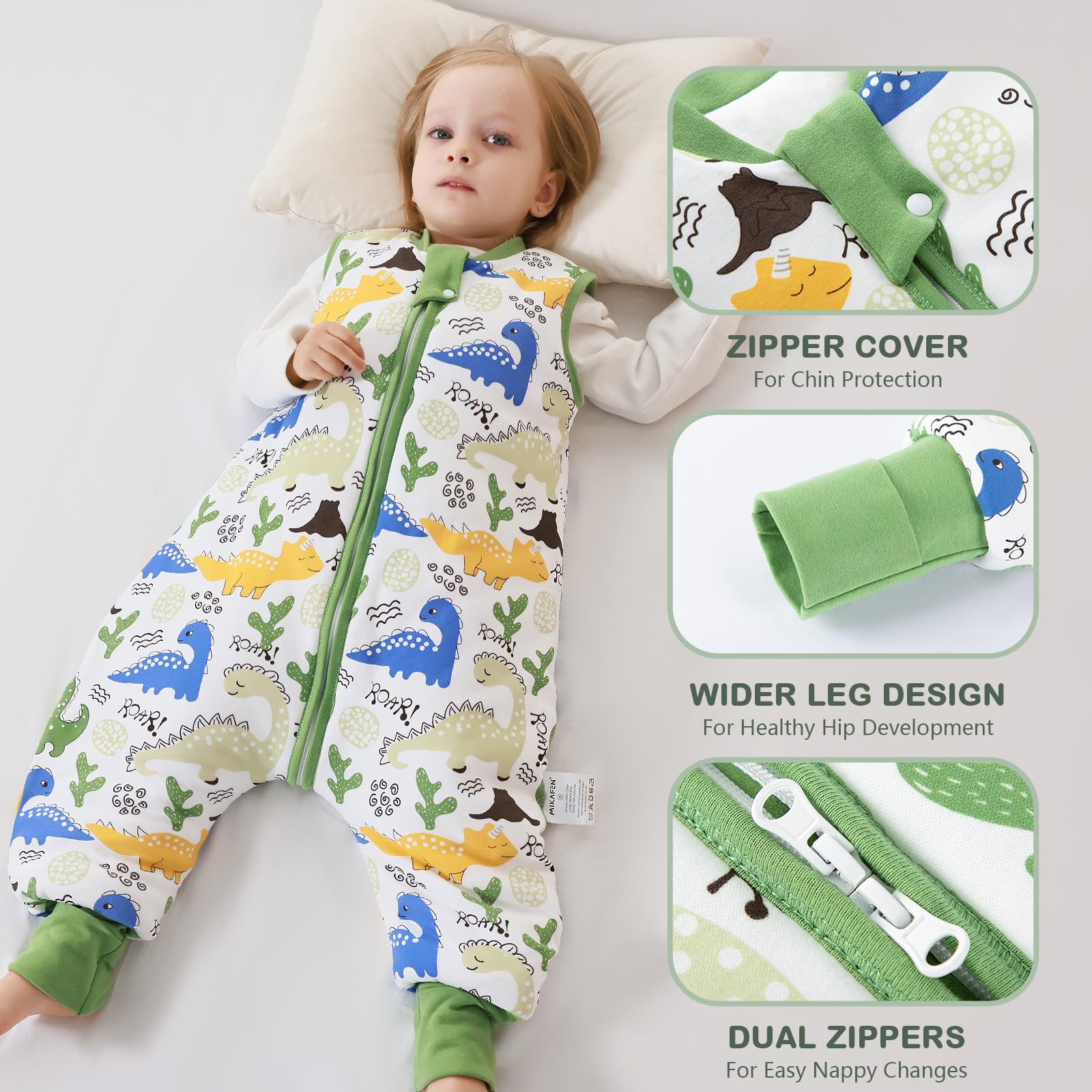 MIKAFEN Bambini Sacco nanna invernale con gambe 2,5 Tog,100% cotone,Sacco nanna con piedini,85-95 cm/18-36 mesi,Dinosauro verde