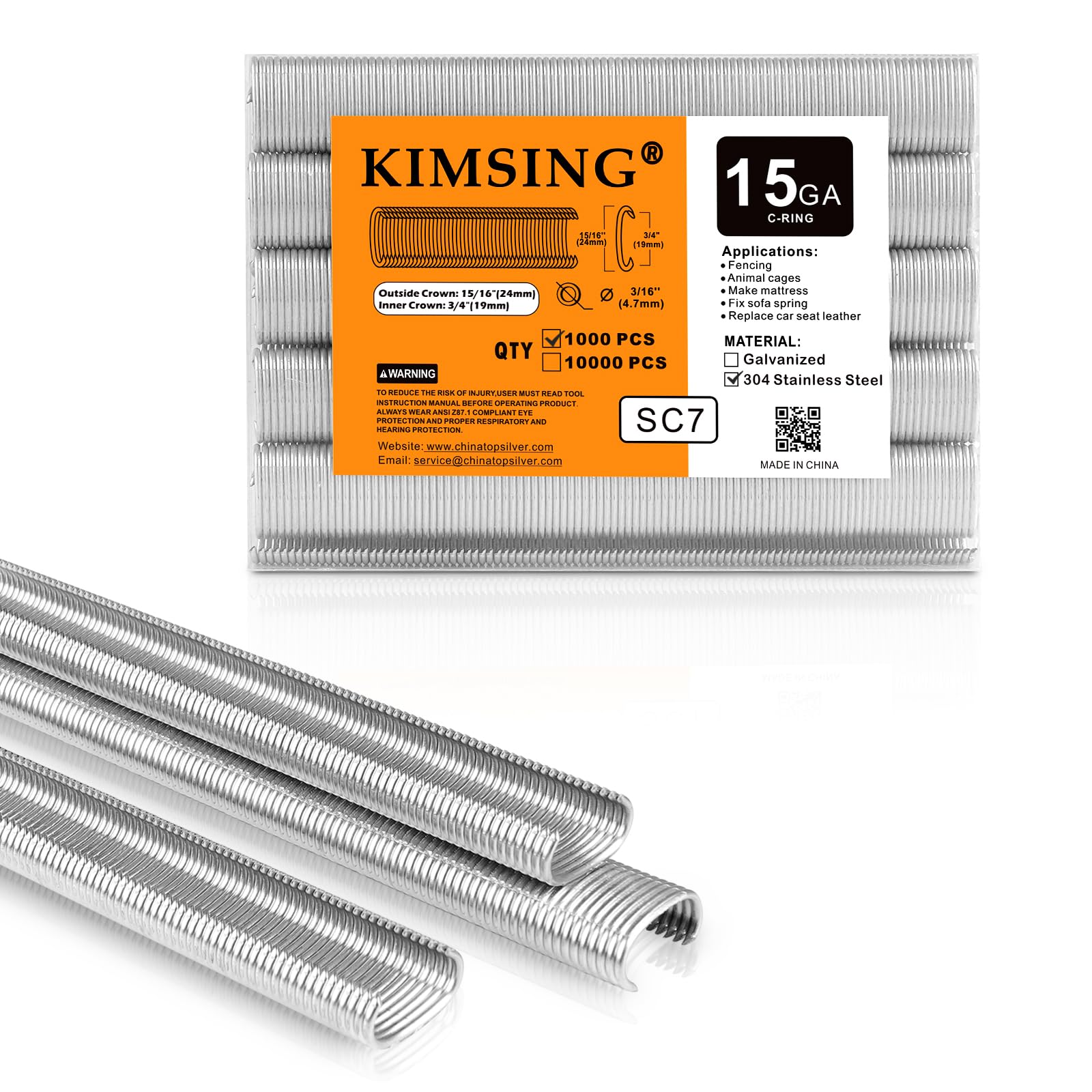 Kimsing SC7 15 gauge 3/4'' corona 304SS C Ring Graffette C-Rings Hog Rings Hog Ring Graffette metalliche in acciaio inossidabile 304, elementi di fissaggio per pistola ad anello C