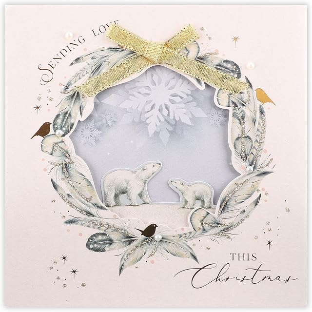 Clintons: Two Polar Bear In Decorative Wreath Christmas Card, General Christmas Card, Xmas Card Traditional, Laser Cut Luxury Christmas Card, Multi-colour, 192 x 192, 1169590